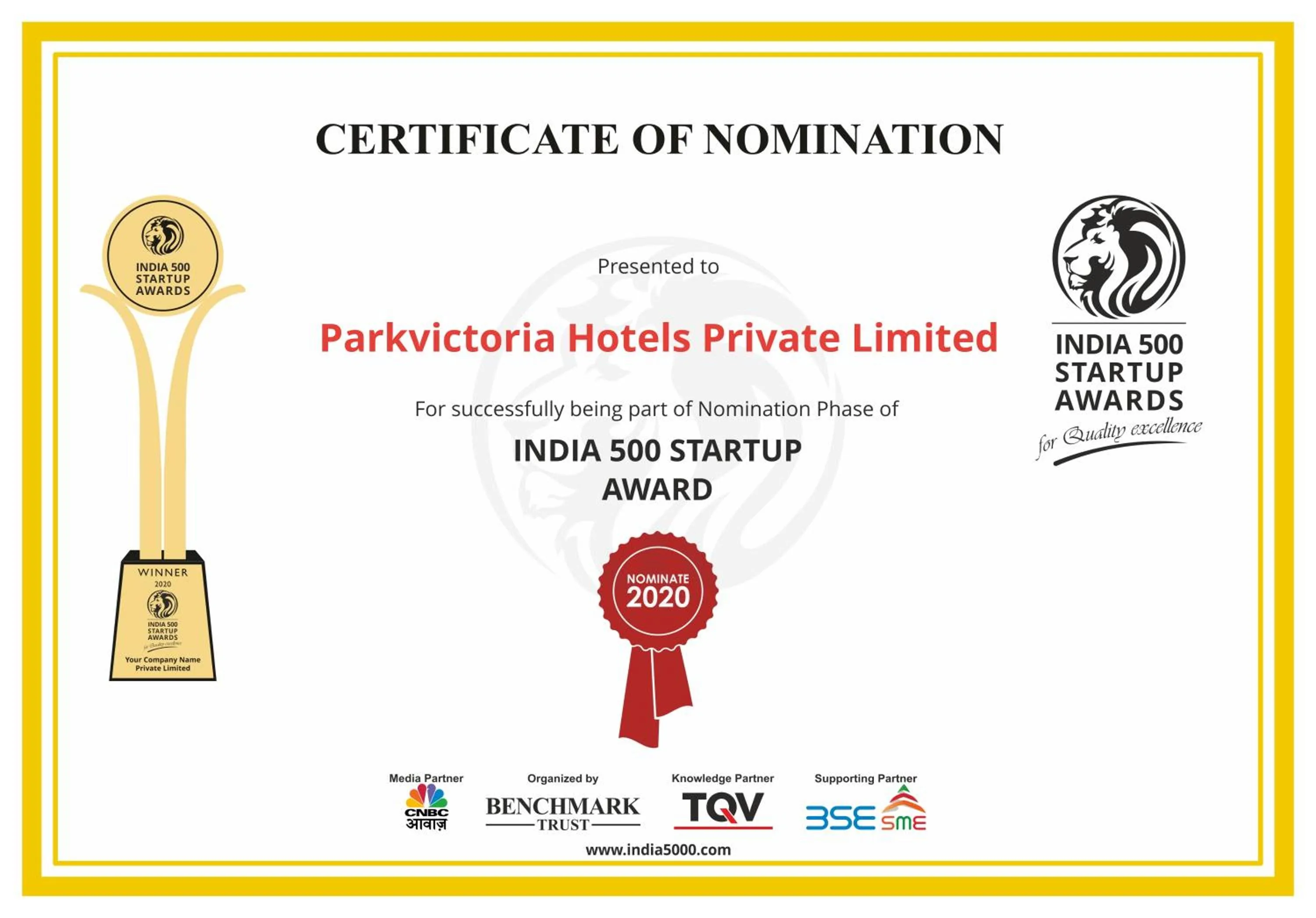 Certificate/Award in HOTEL PARK VICTORIA