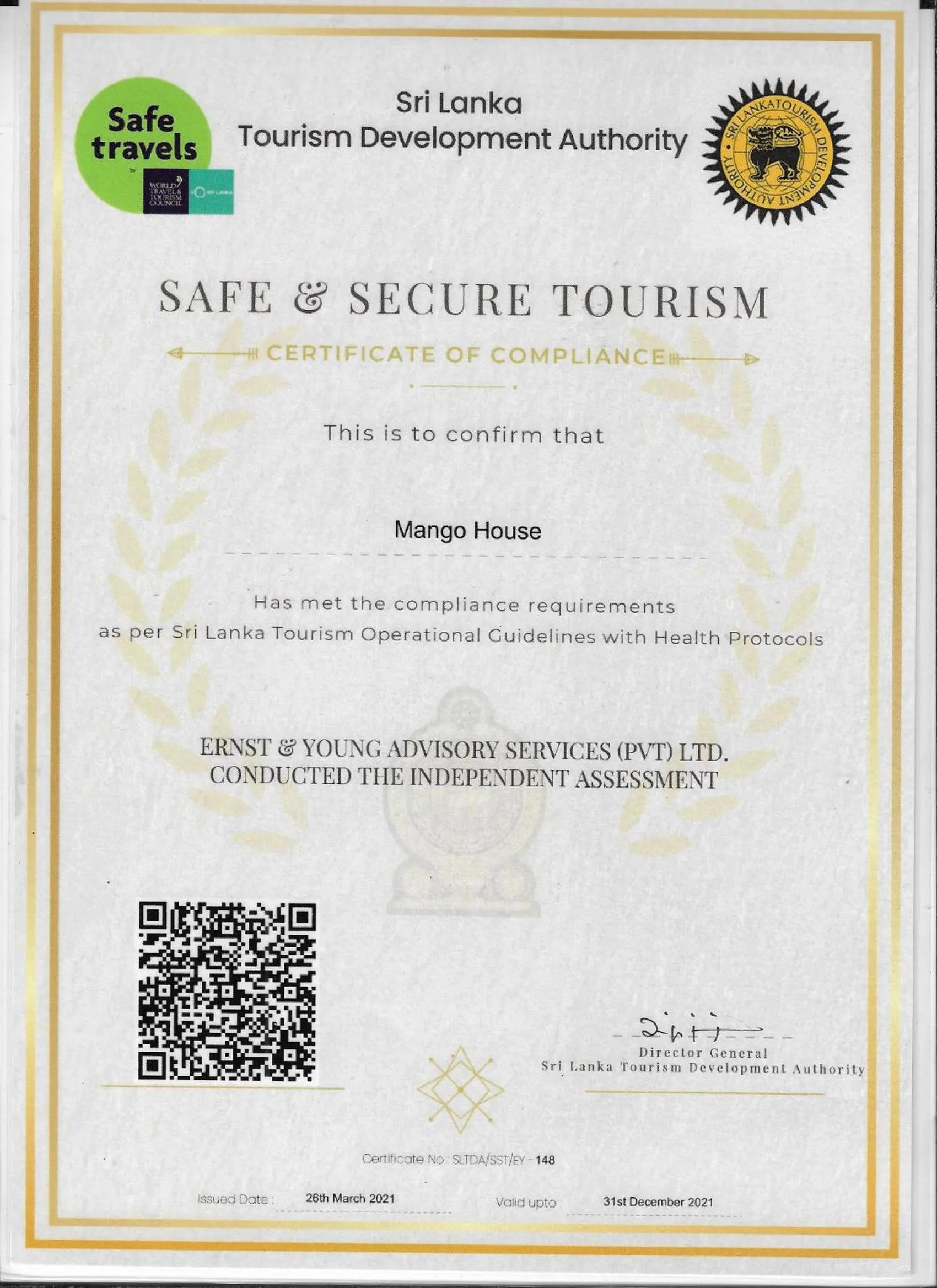 Certificate/Award in Mango House - Galle Fort