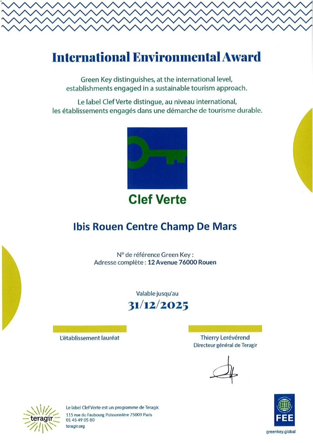 Certificate/Award in ibis Rouen Centre Champ de Mars