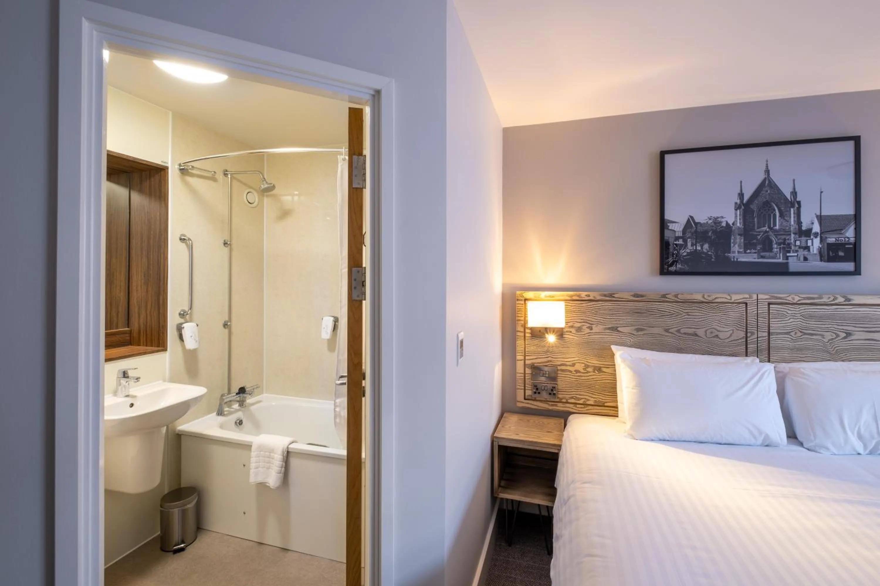 Bathroom, Bed in Two Rivers Lodge by Marston’s Inns