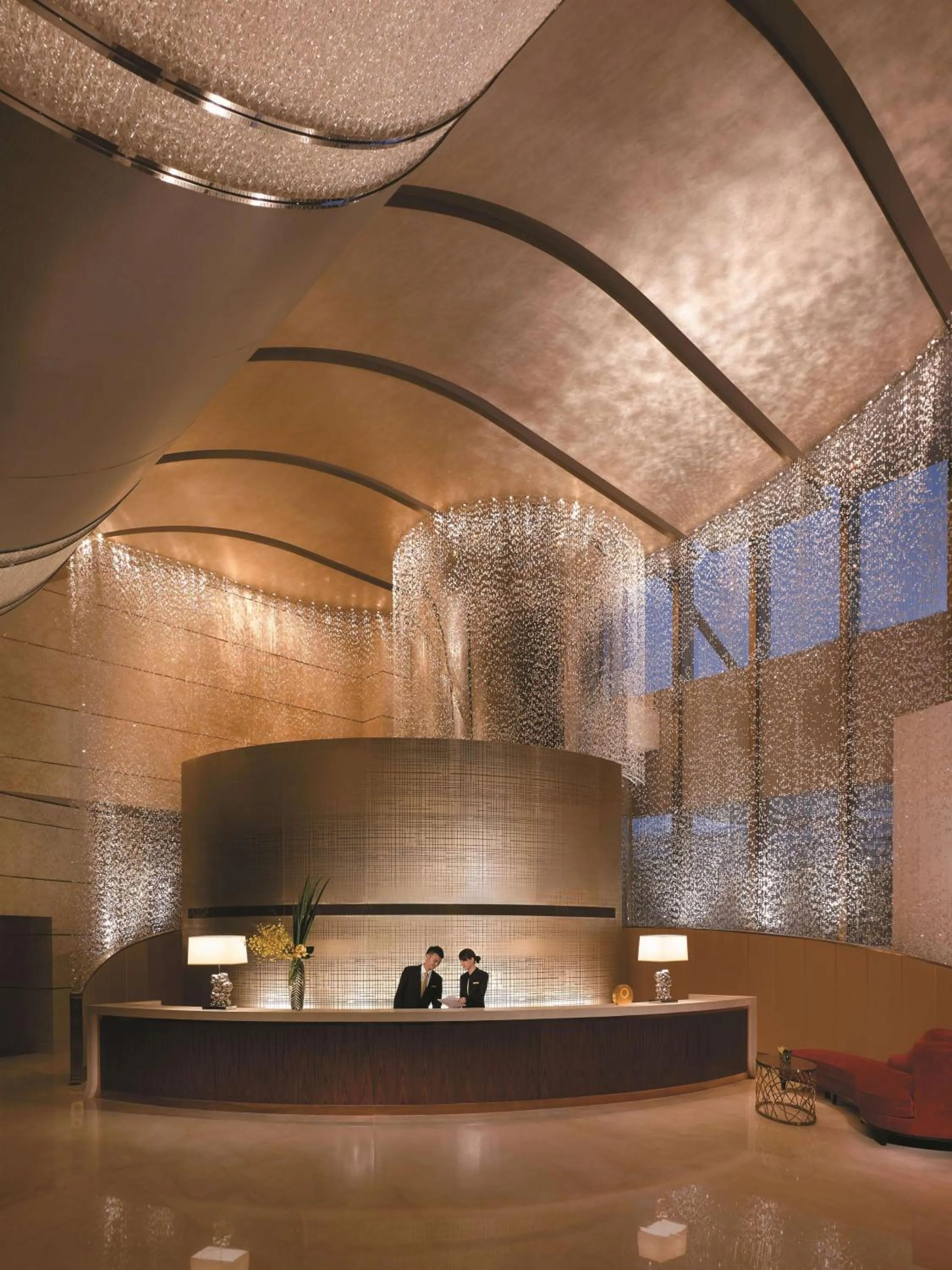 Lobby or reception in Jing An Shangri-La, Shanghai - sits centrally amid Puxi's iconic landmarks, uniquely positioned nearby Jing'an Temple