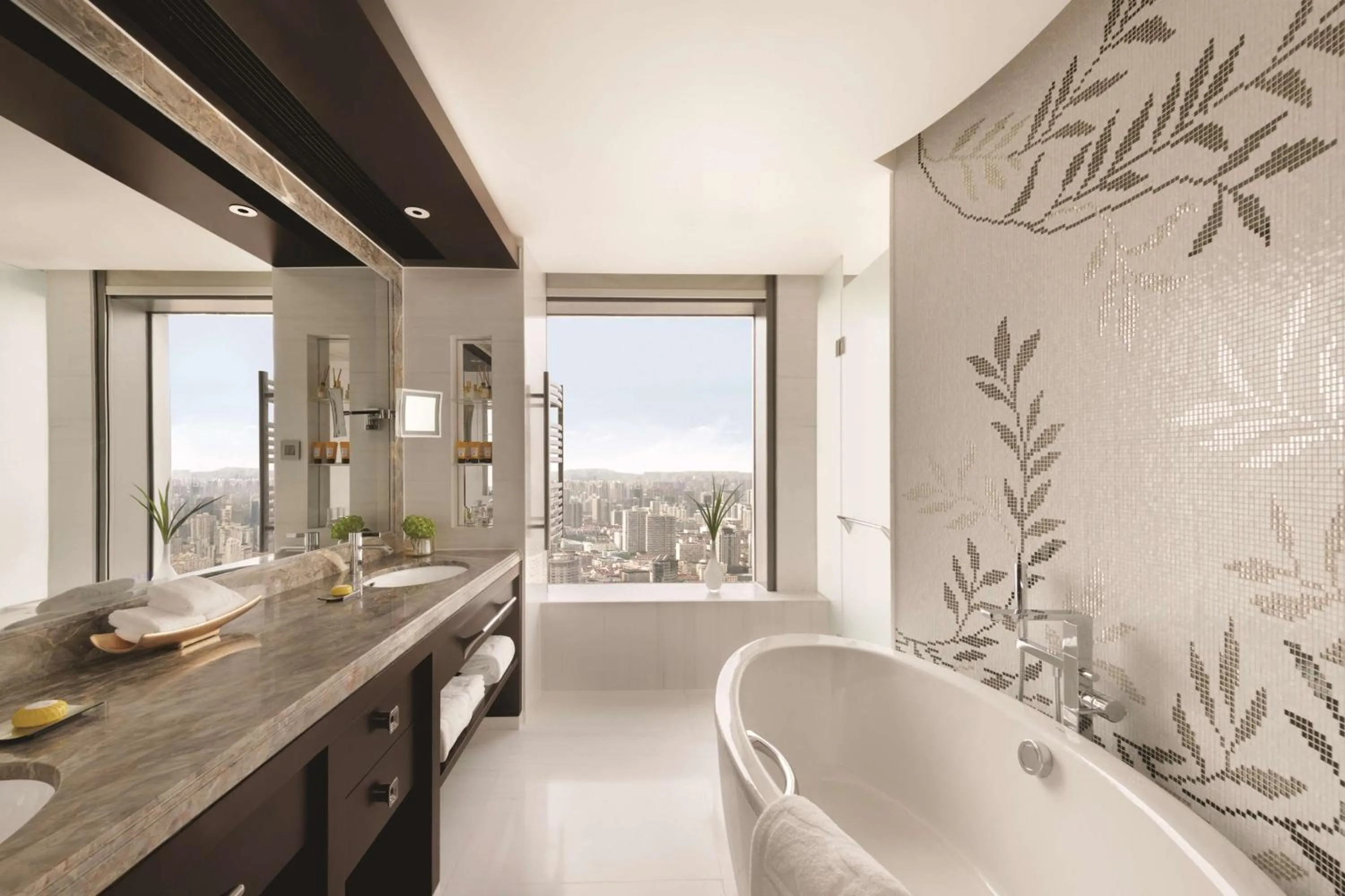 Bathroom in Jing An Shangri-La, Shanghai - sits centrally amid Puxi's iconic landmarks, uniquely positioned nearby Jing'an Temple