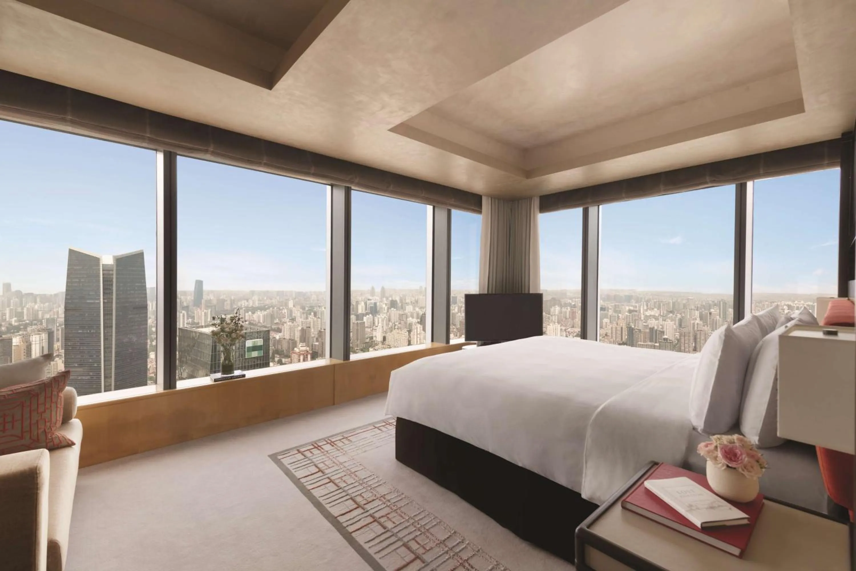 Photo of the whole room, Bed in Jing An Shangri-La, Shanghai - sits centrally amid Puxi's iconic landmarks, uniquely positioned nearby Jing'an Temple