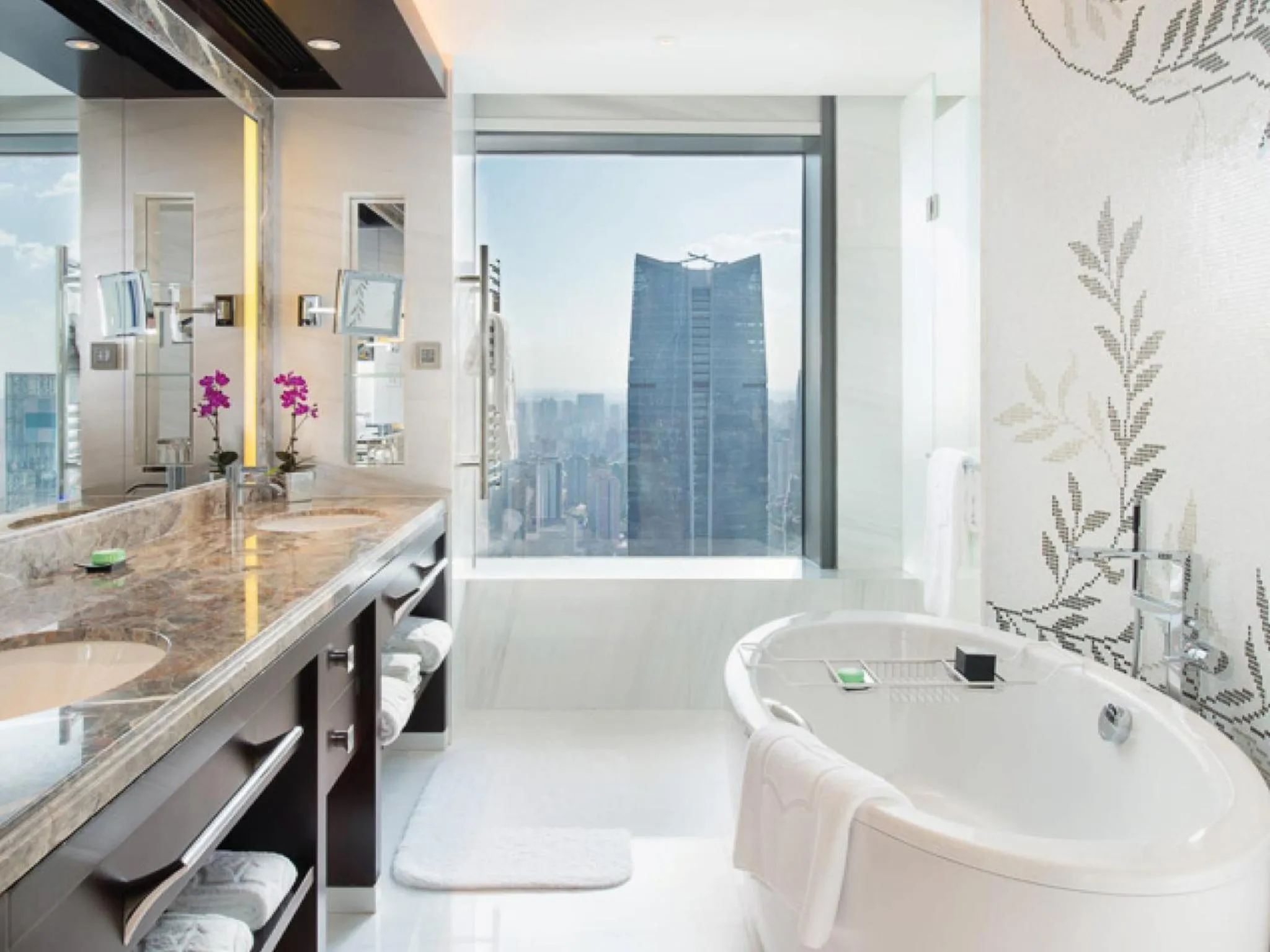 Bathroom in Jing An Shangri-La, Shanghai - sits centrally amid Puxi's iconic landmarks, uniquely positioned nearby Jing'an Temple