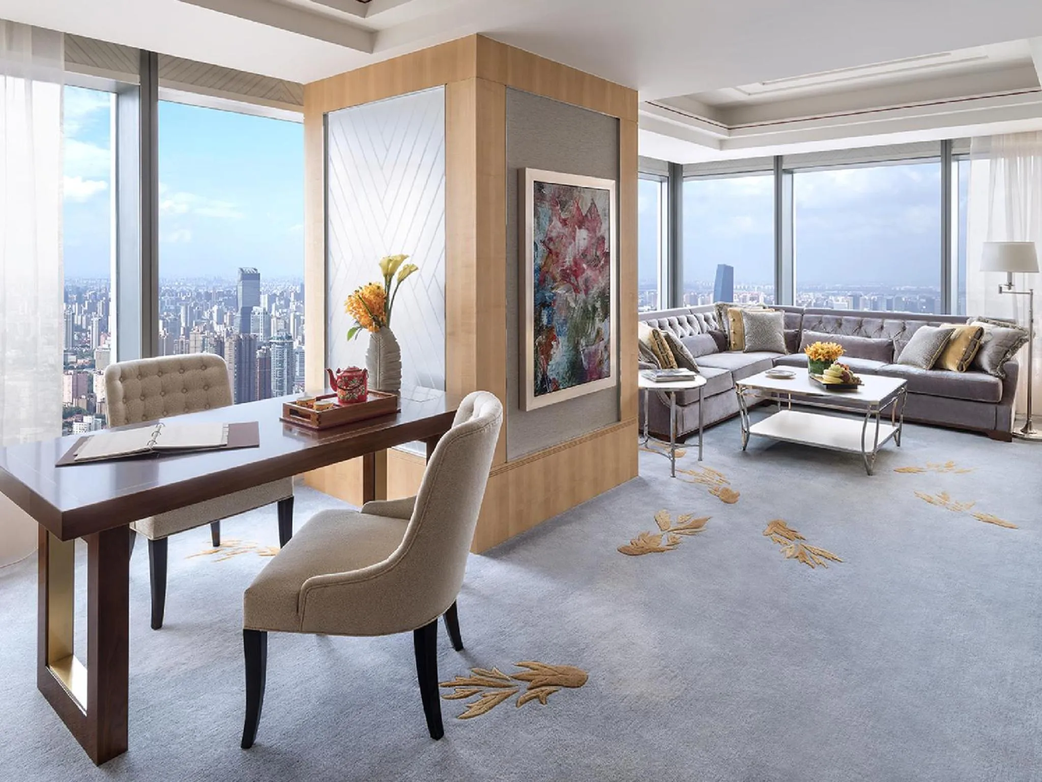 Living room in Jing An Shangri-La, Shanghai - sits centrally amid Puxi's iconic landmarks, uniquely positioned nearby Jing'an Temple