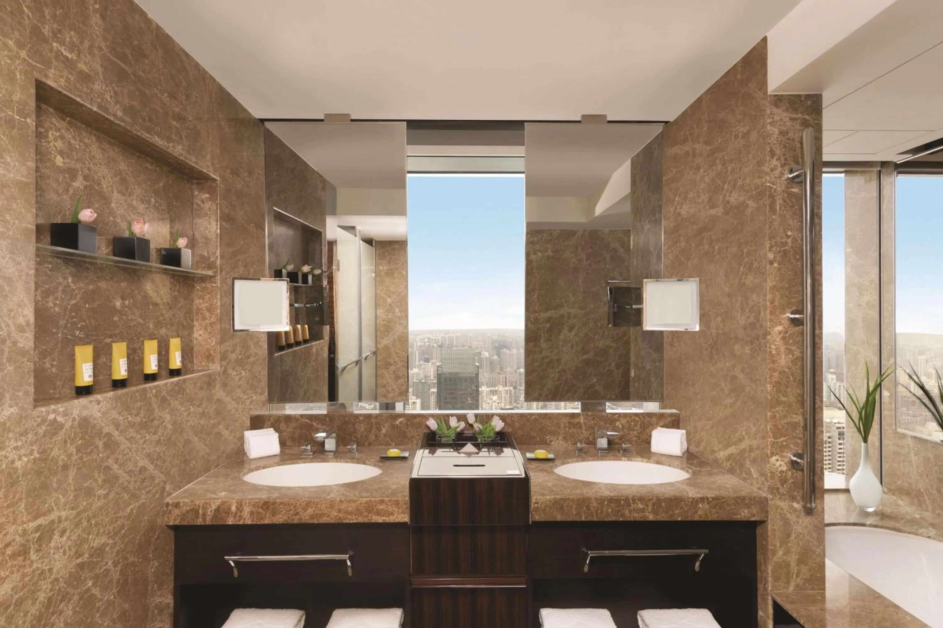 Bathroom in Jing An Shangri-La, Shanghai - sits centrally amid Puxi's iconic landmarks, uniquely positioned nearby Jing'an Temple