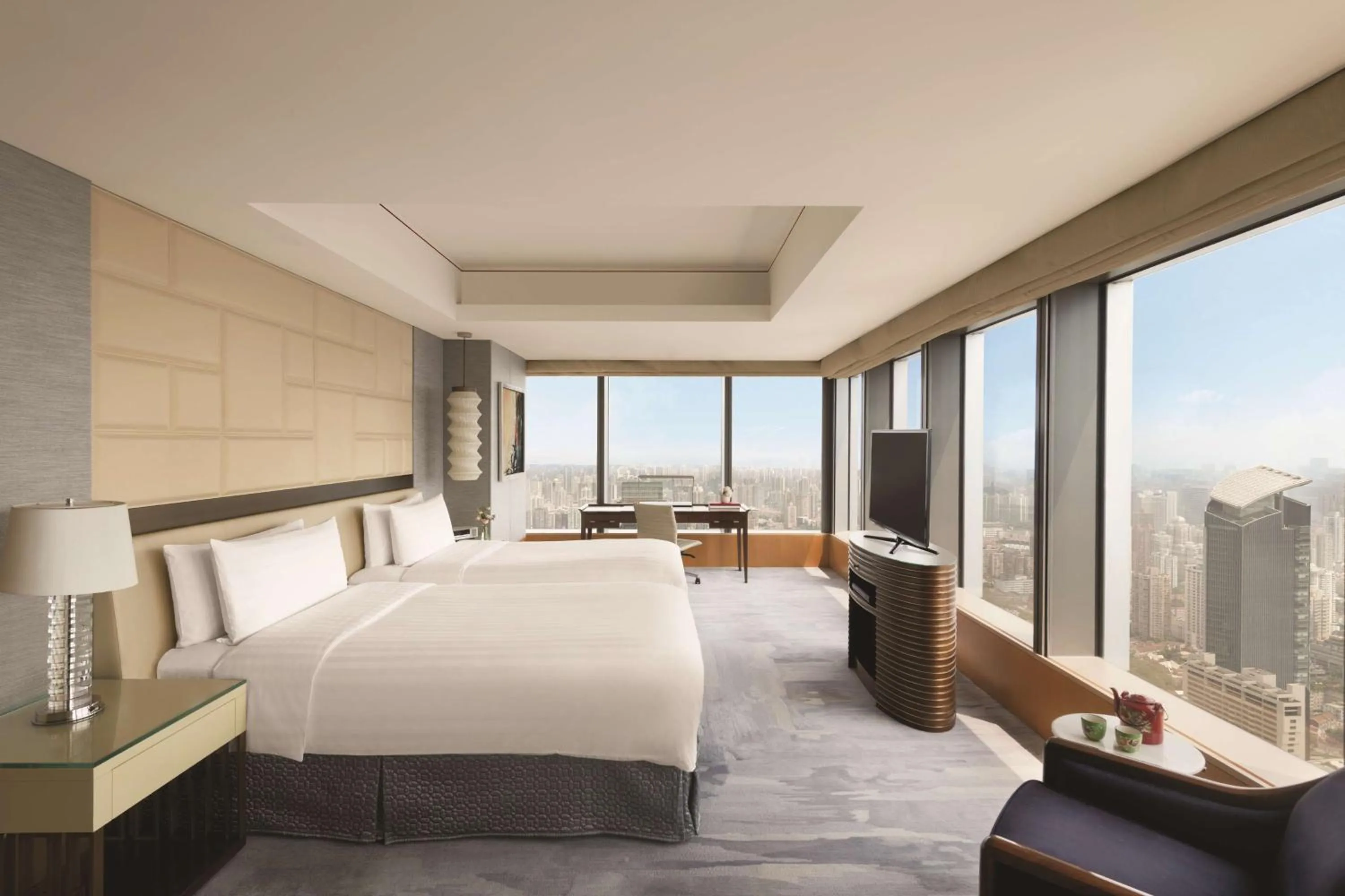 Photo of the whole room, Bed in Jing An Shangri-La, Shanghai - sits centrally amid Puxi's iconic landmarks, uniquely positioned nearby Jing'an Temple