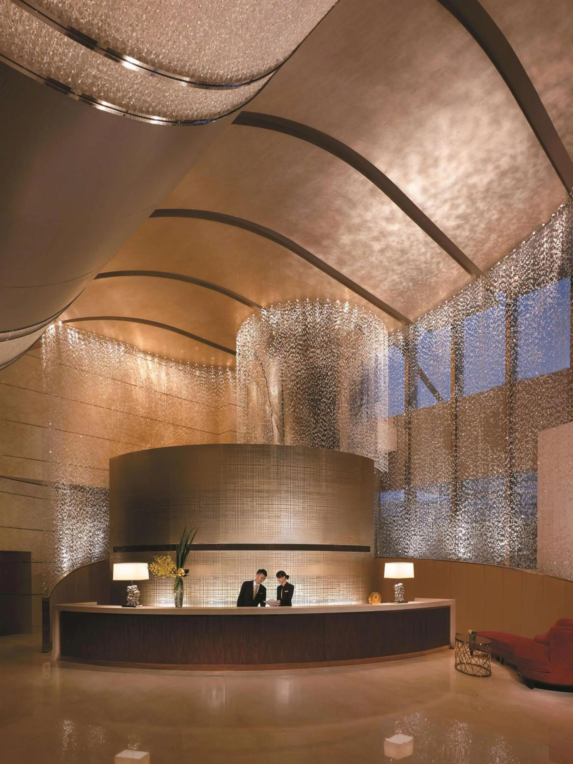 Lobby or reception in Jing An Shangri-La, Shanghai - sits centrally amid Puxi's iconic landmarks, uniquely positioned nearby Jing'an Temple