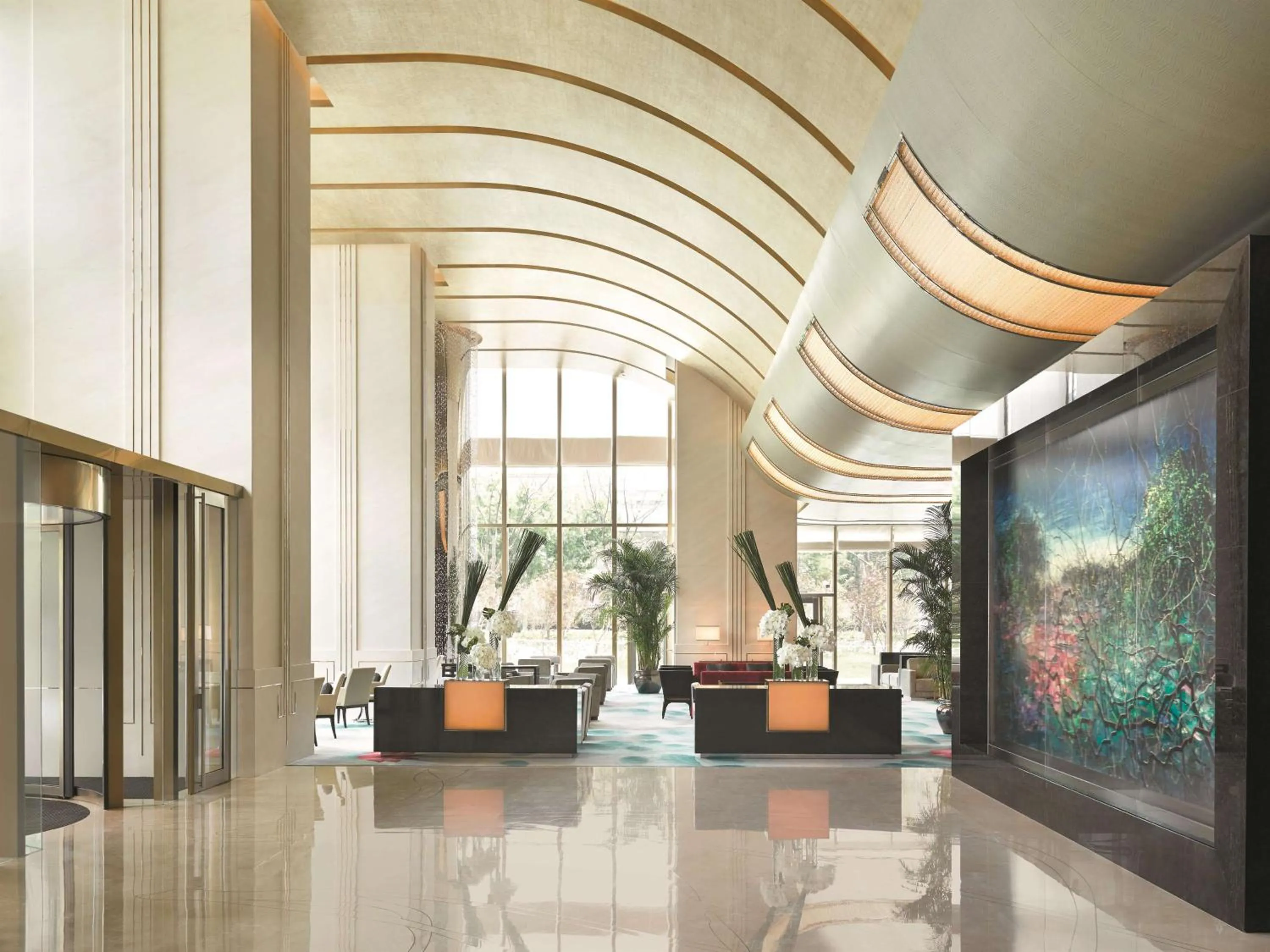 Lobby or reception in Jing An Shangri-La, Shanghai - sits centrally amid Puxi's iconic landmarks, uniquely positioned nearby Jing'an Temple