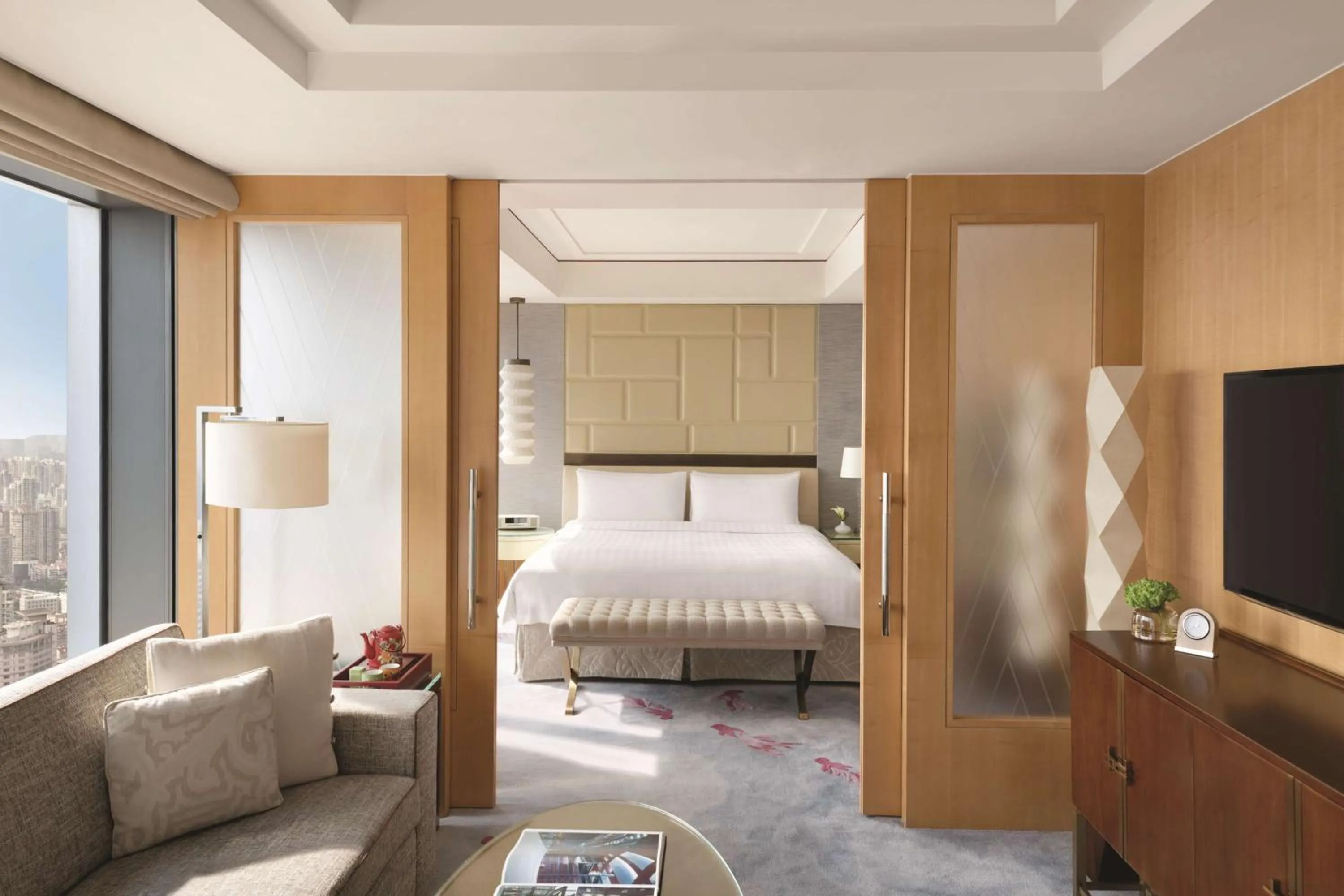 Photo of the whole room, Bed in Jing An Shangri-La, Shanghai - sits centrally amid Puxi's iconic landmarks, uniquely positioned nearby Jing'an Temple
