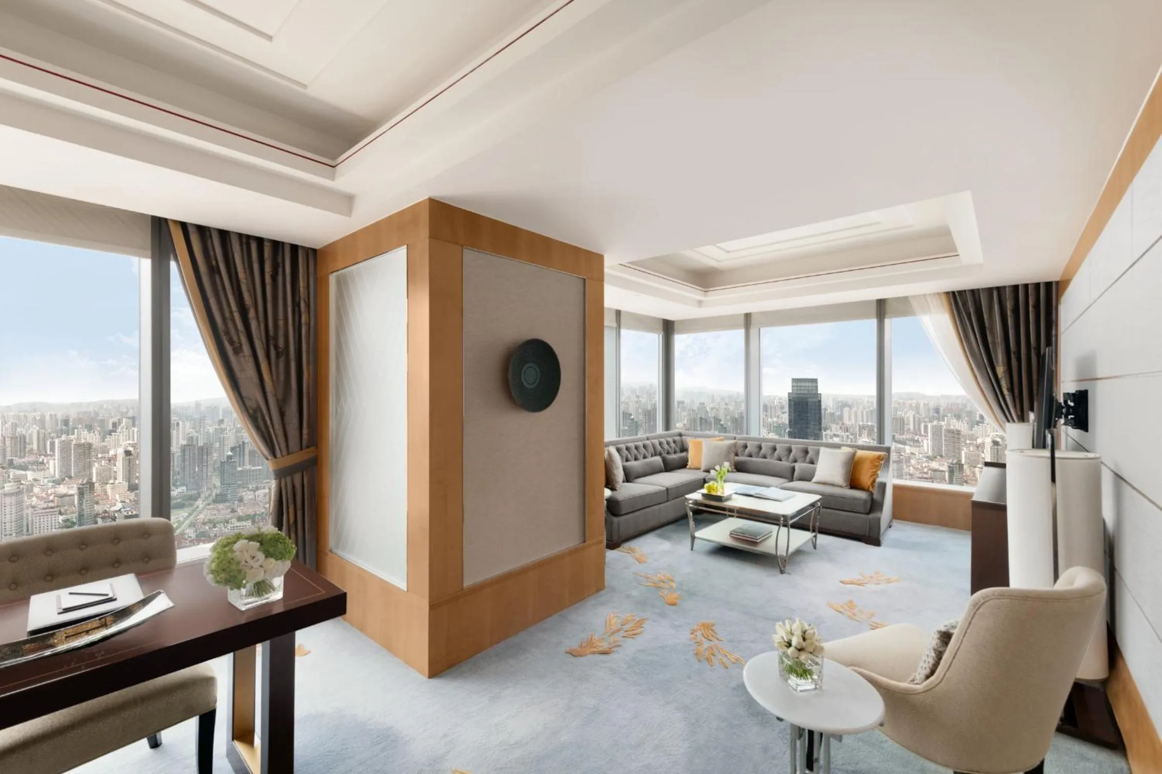 Living room in Jing An Shangri-La, Shanghai - sits centrally amid Puxi's iconic landmarks, uniquely positioned nearby Jing'an Temple