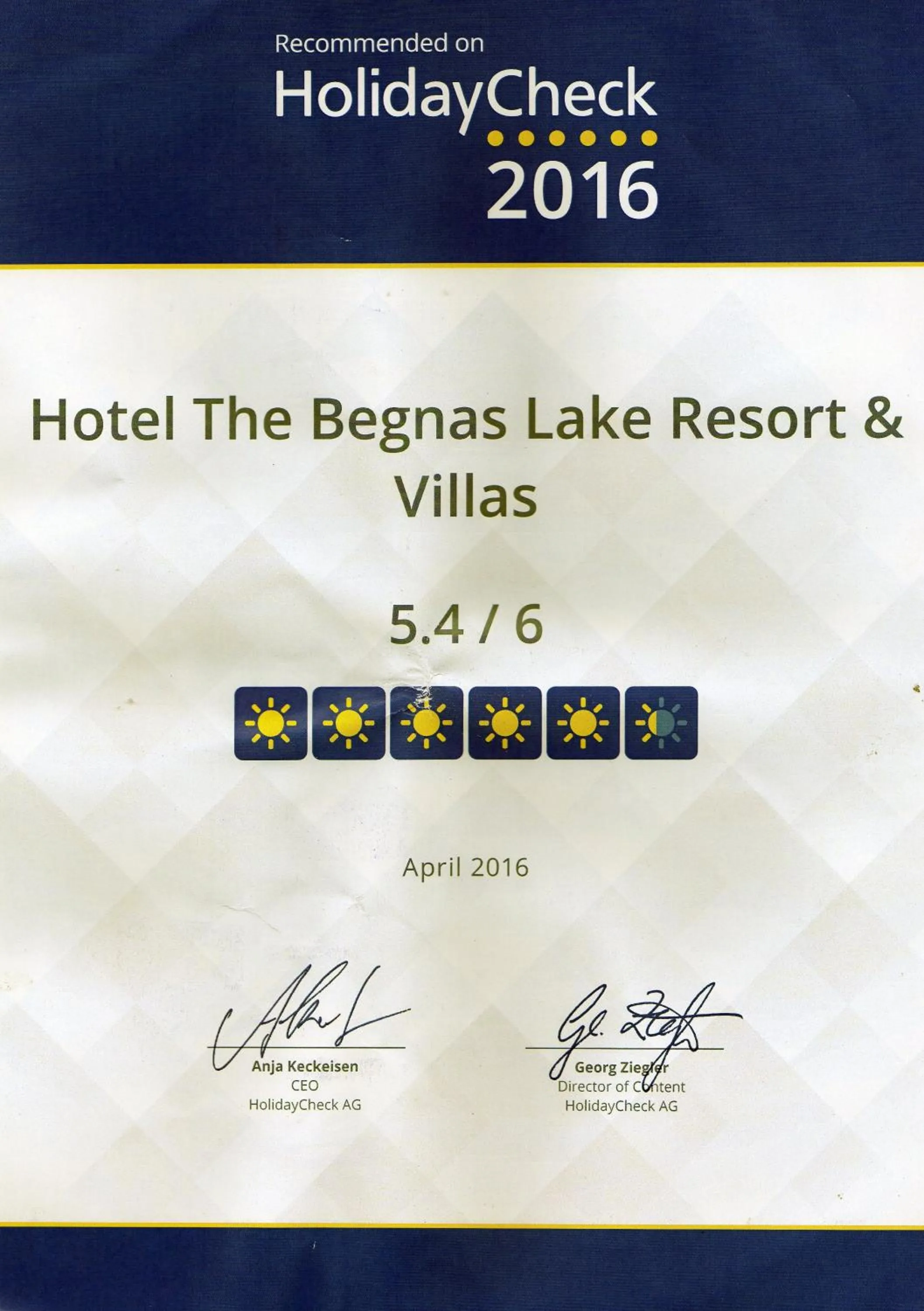 Certificate/Award in The Begnas Lake Resort & Villas