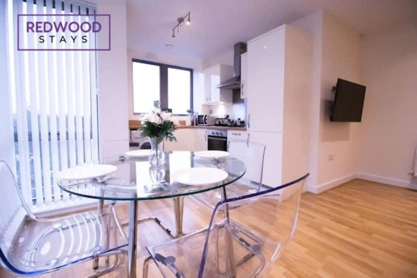 Dining area in Festival Place, Modern Town Center Apartment, Perfect for Contractors & Families, FREE Parking & WiFi by REDWOOD STAYS