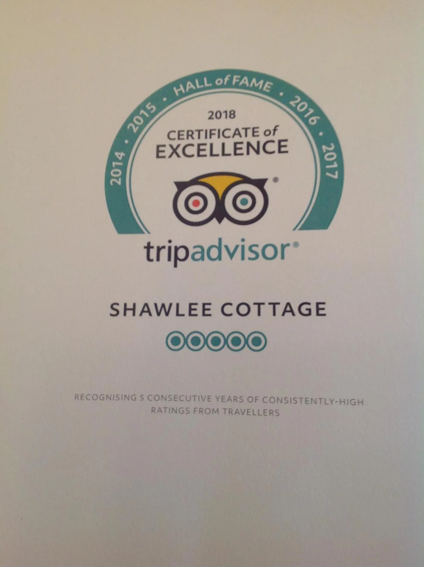 Certificate/Award in Shawlee Cottage