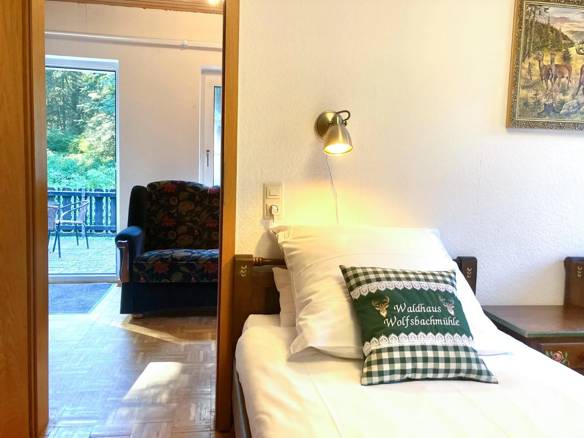 Balcony/Terrace, Bed in Waldhaus Wolfsbachmühle