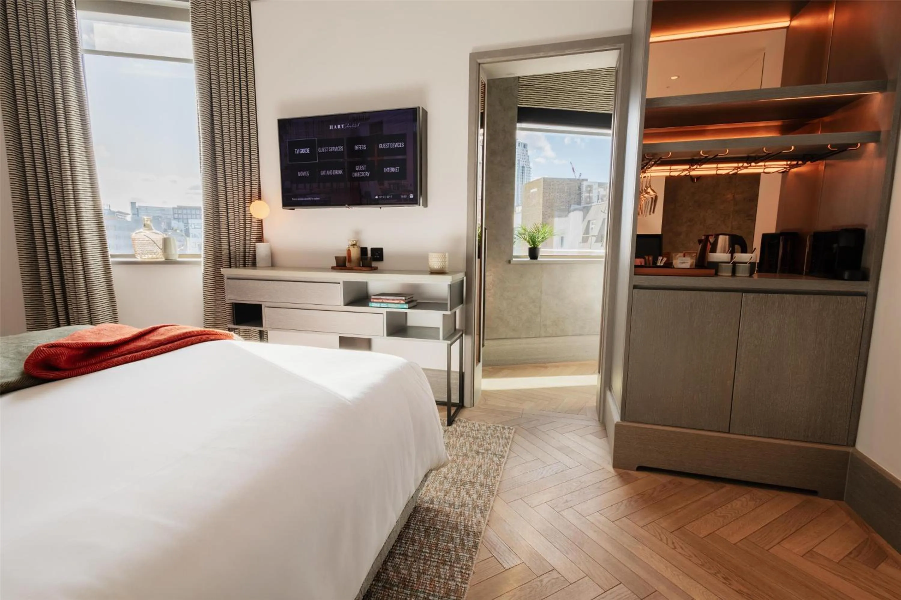 Bedroom, Bed in Hart Shoreditch Hotel London, Curio Collection by Hilton