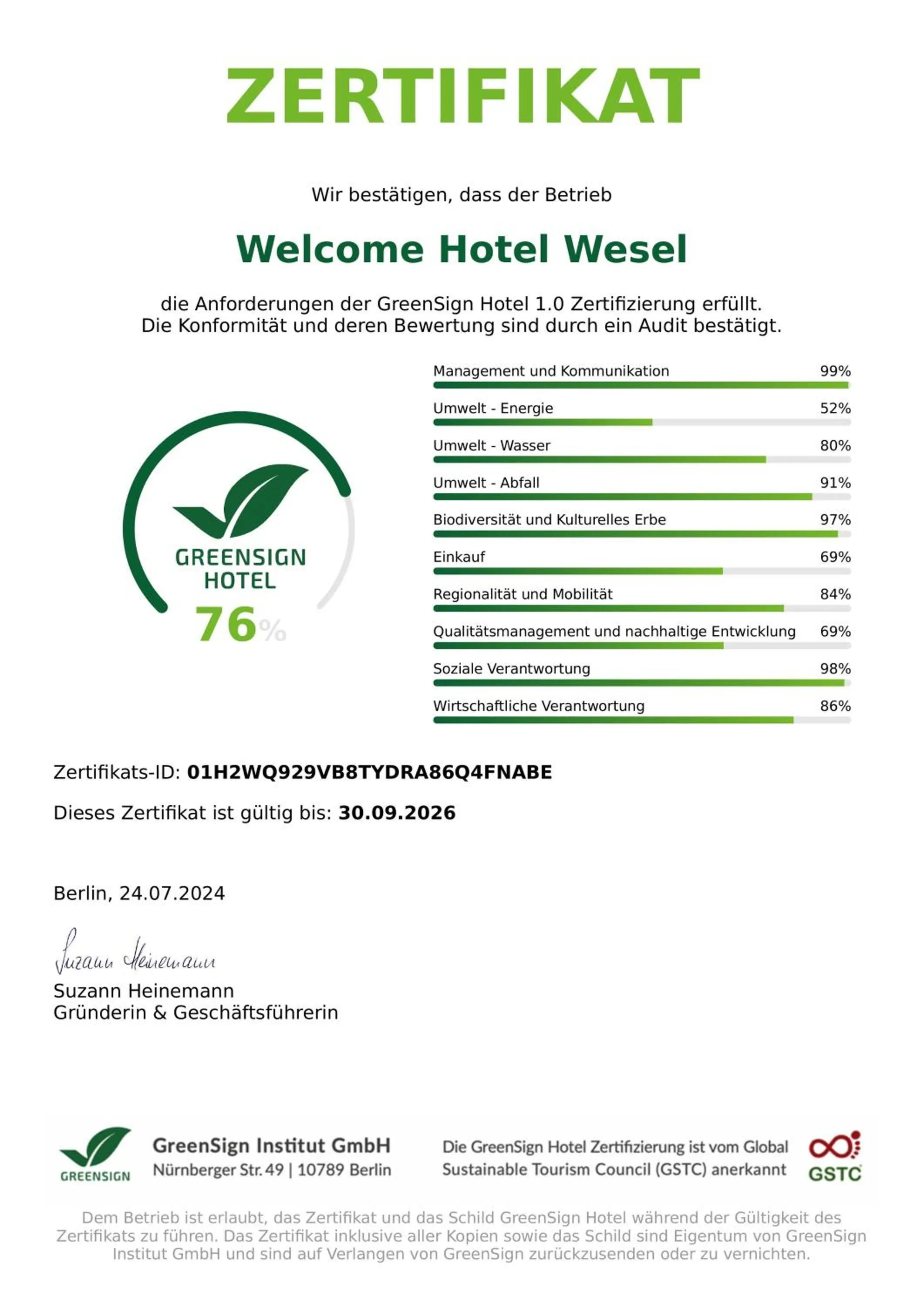 Certificate/Award in Welcome Hotel Wesel