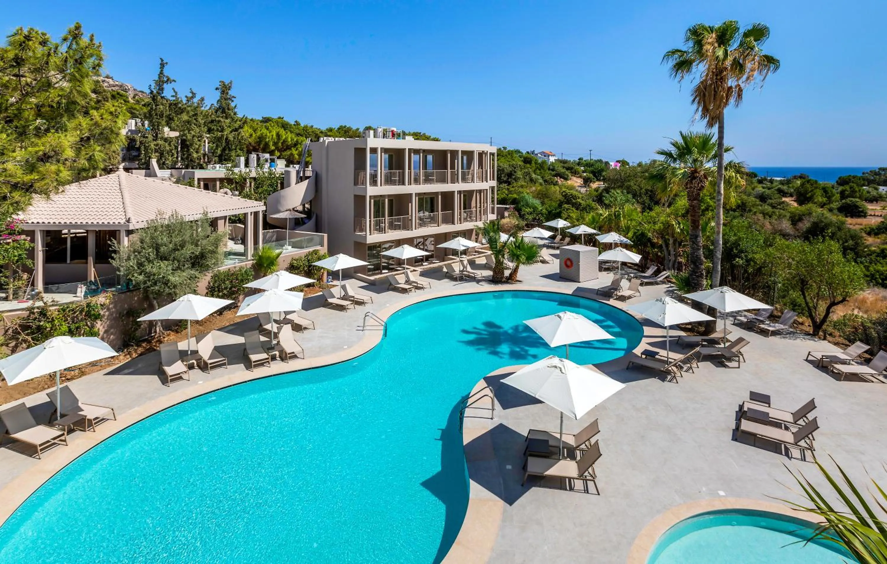 Pool view in White Olive Premium Lindos