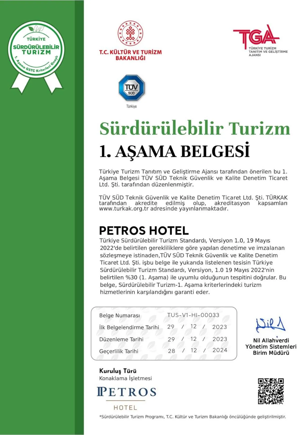 Certificate/Award in Petros Hotel