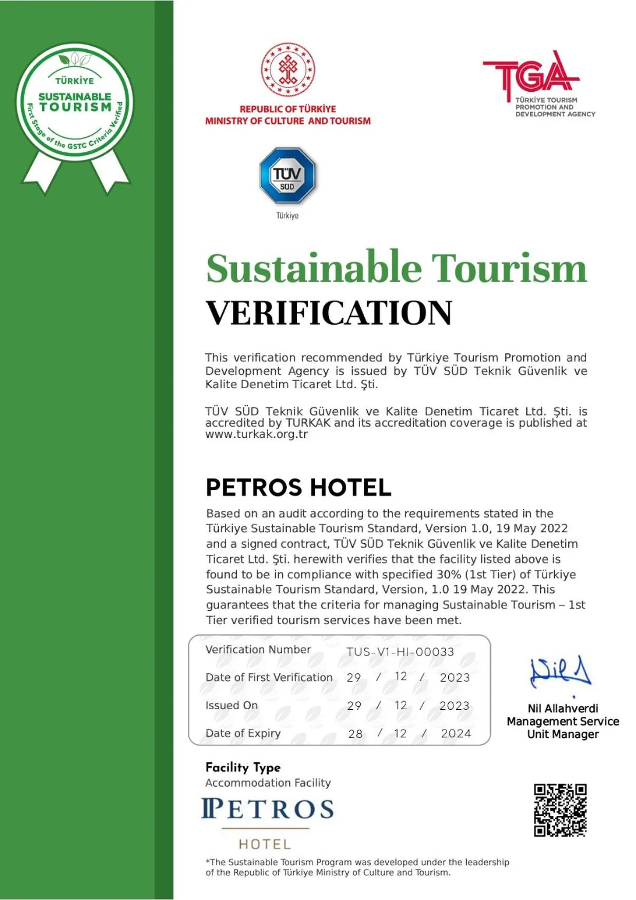 Certificate/Award in Petros Hotel