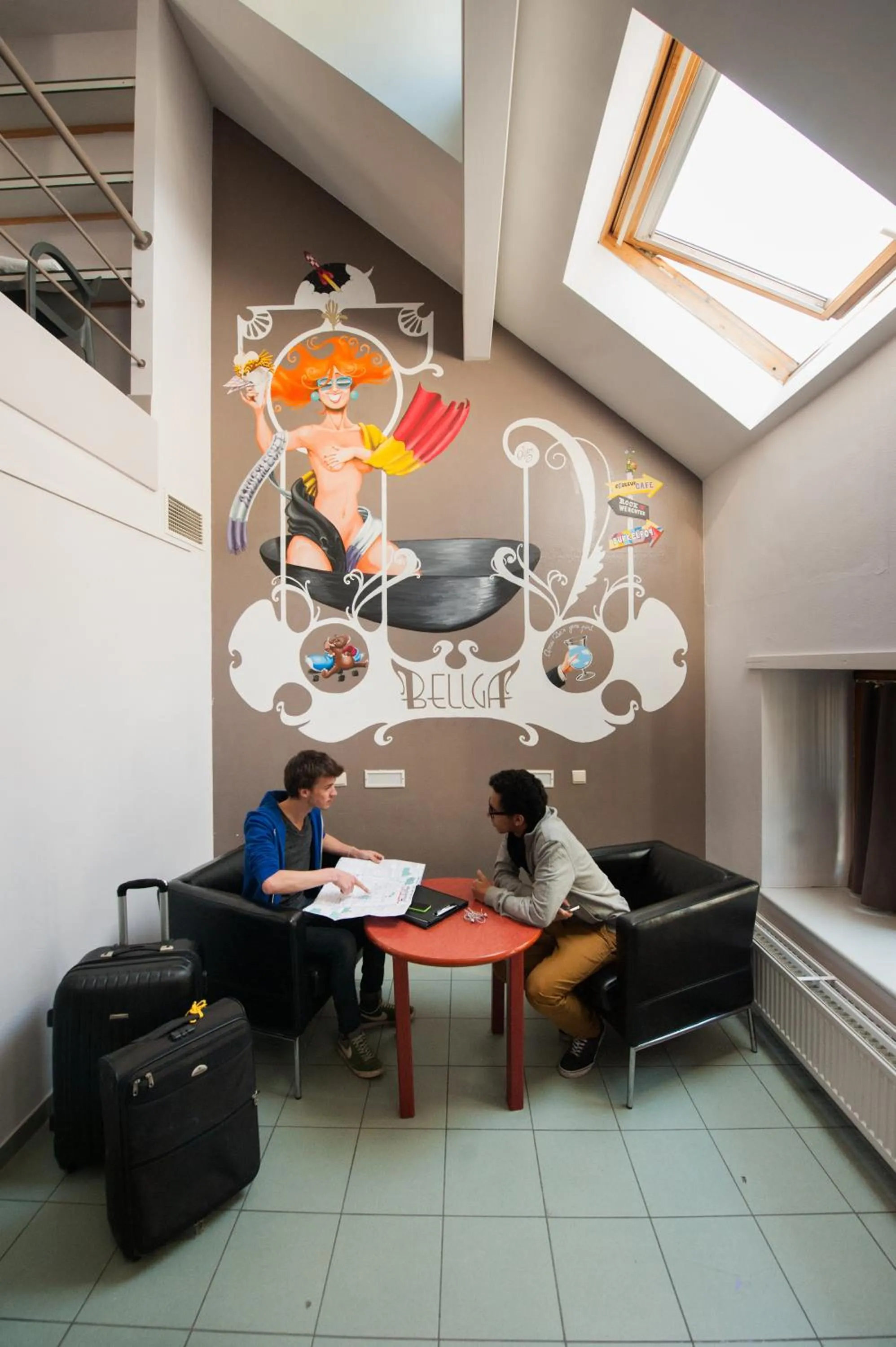 Seating area in HI Brussels Jacques Brel Hostel