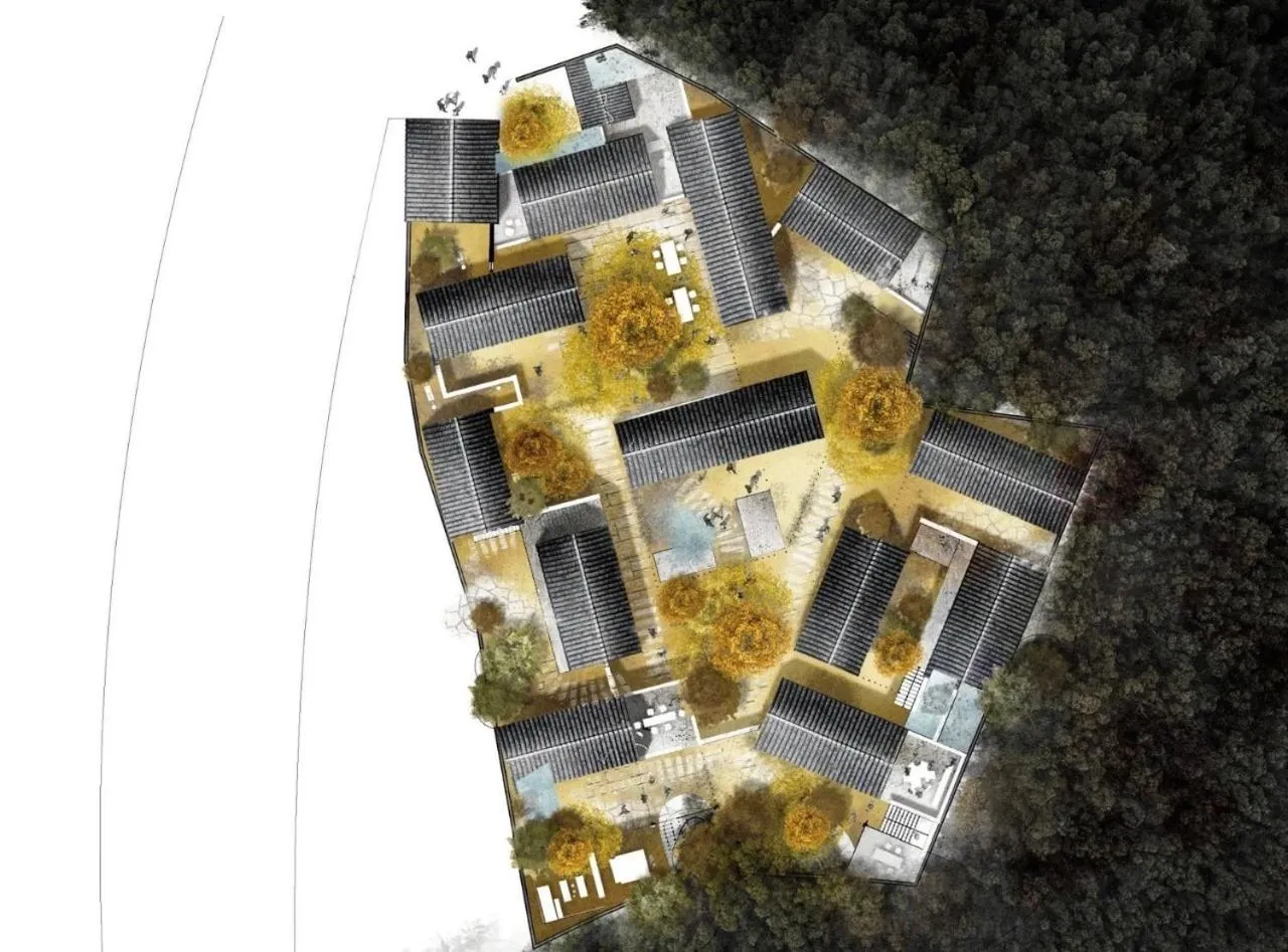 Bird's eye view in Sansa Village Boutique Hotel at Mutianyu Great Wall Adjoin to Mutianyu Great Wall - Room with the View of Great Wall - Jacuzzi with the View of Great Wall - Vehicle Shuttle Service - International Catering - SPA& Nail Beauty Facilities