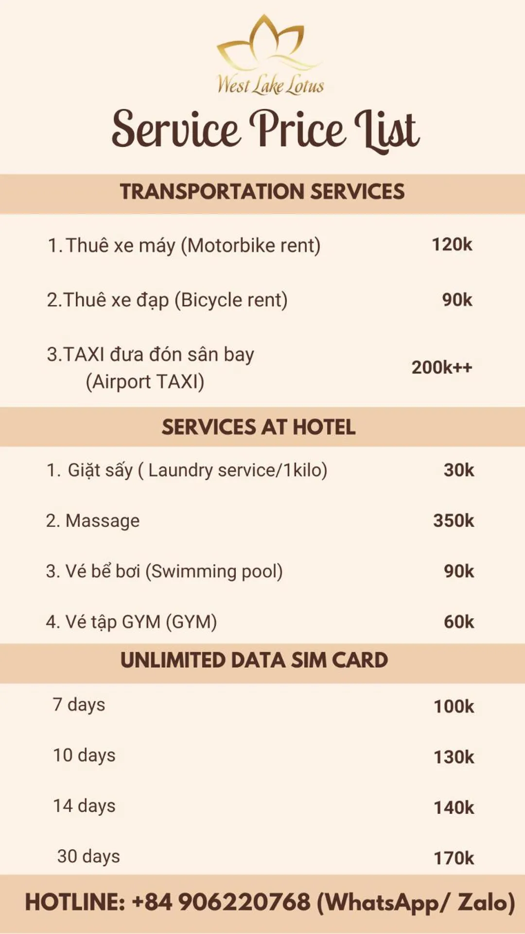 room service in The Lakeview - West Lake Lotus Apartments