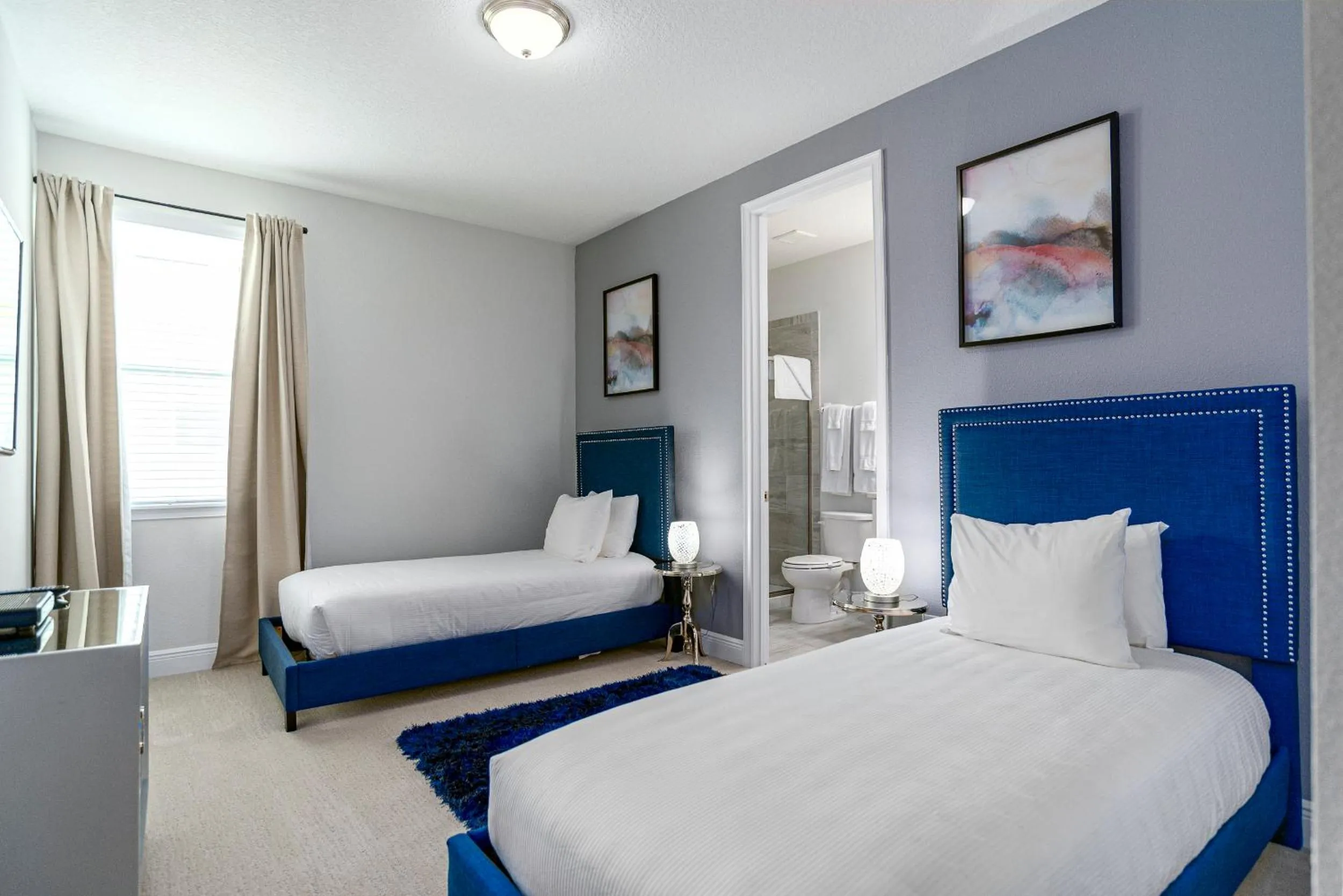 Bedroom, Bed in Upscale Modern Getaway home with heated pool/hot tub, 9 beds 8.5 bath Sleeps 18+