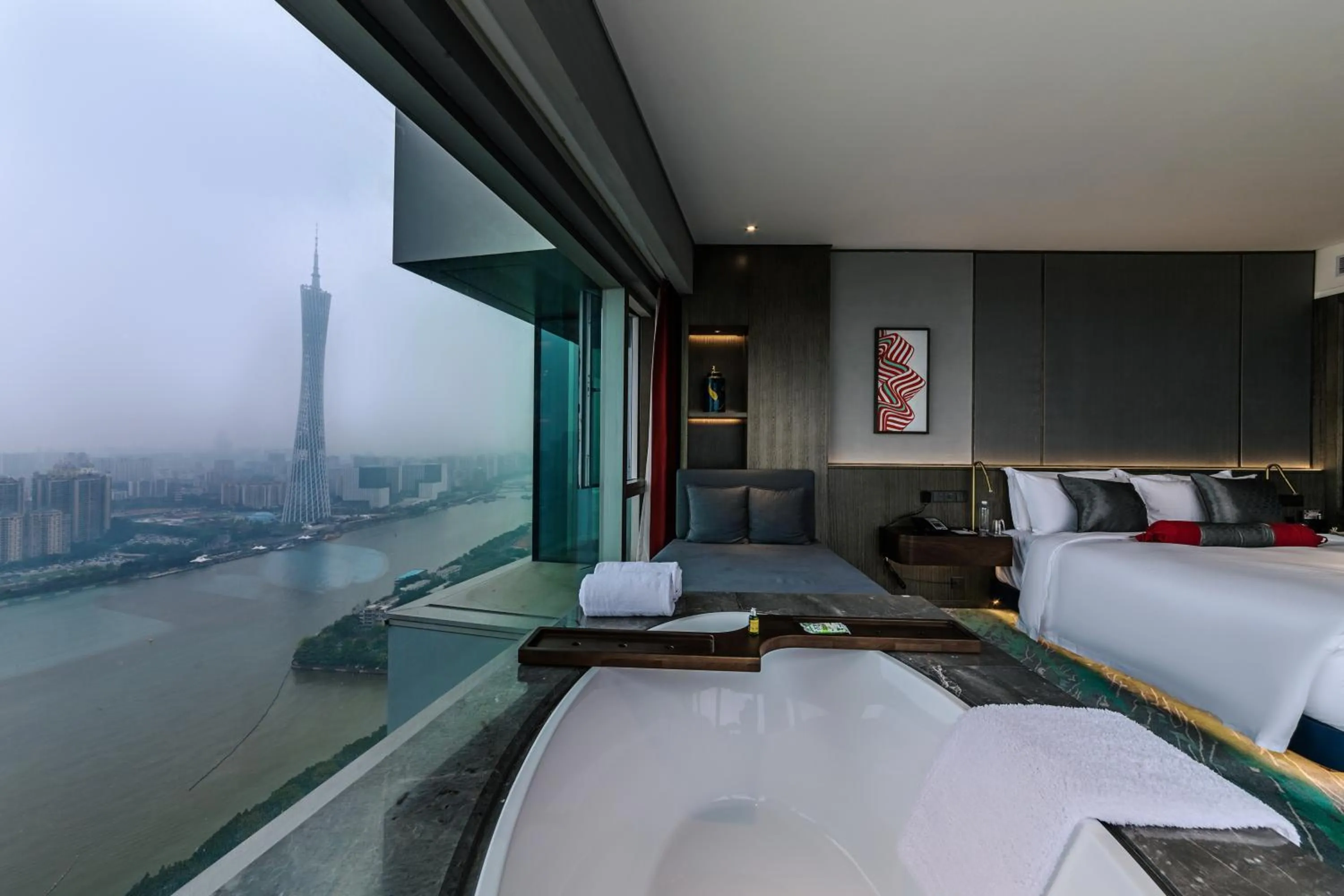 View (from property/room), Bed in Elegant Hotel Guangzhou Zhujiang New Town Canton Tower- Free Shuttle Bus to Canton Fair Complex during Canton Fair period