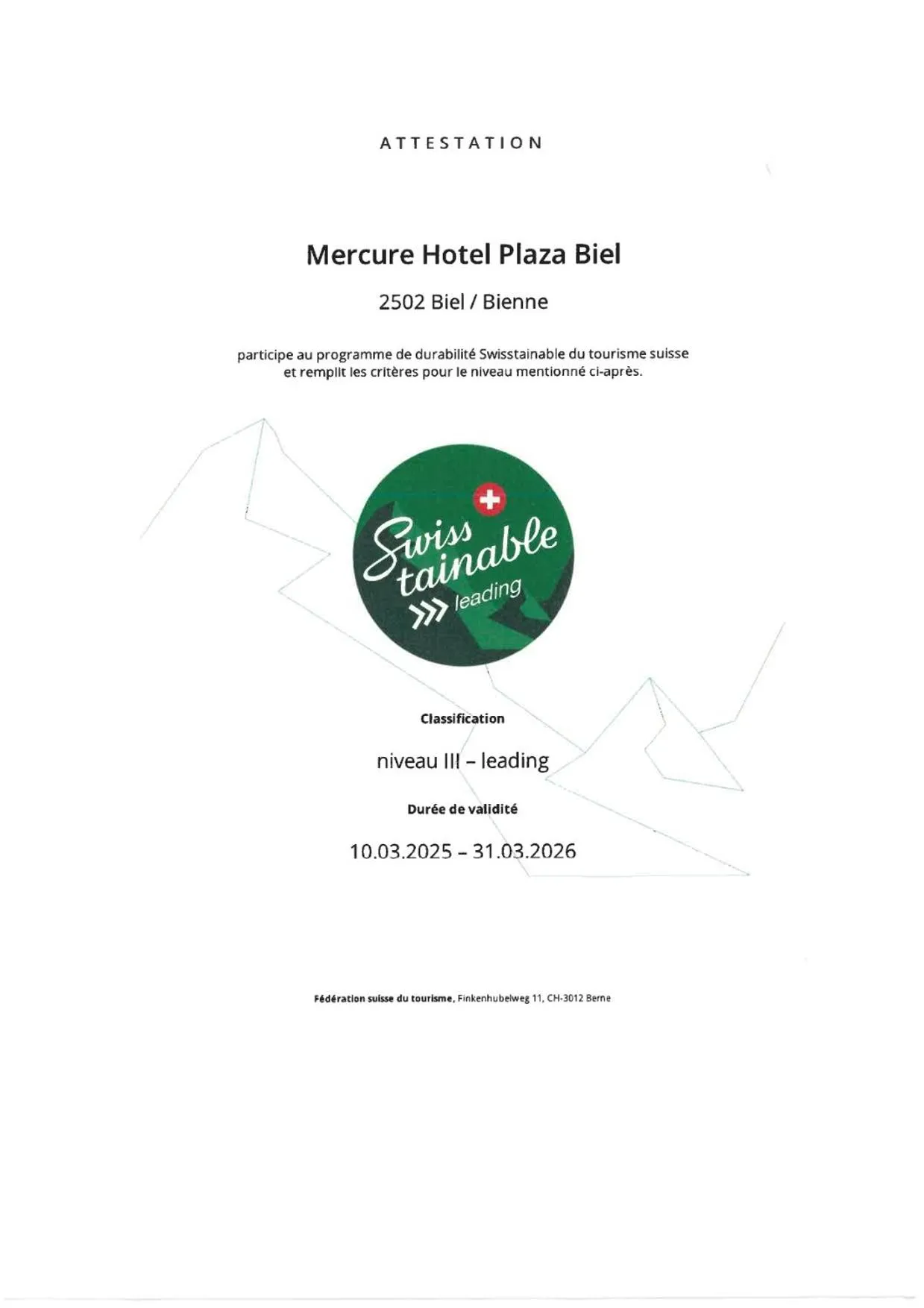 Certificate/Award in Mercure Biel