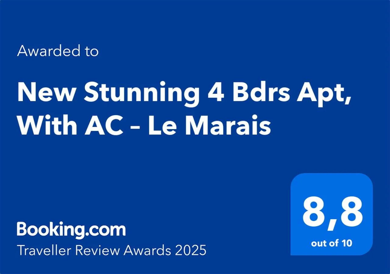 Certificate/Award in New Stunning 4 Bdrs Apt, With AC – Le Marais