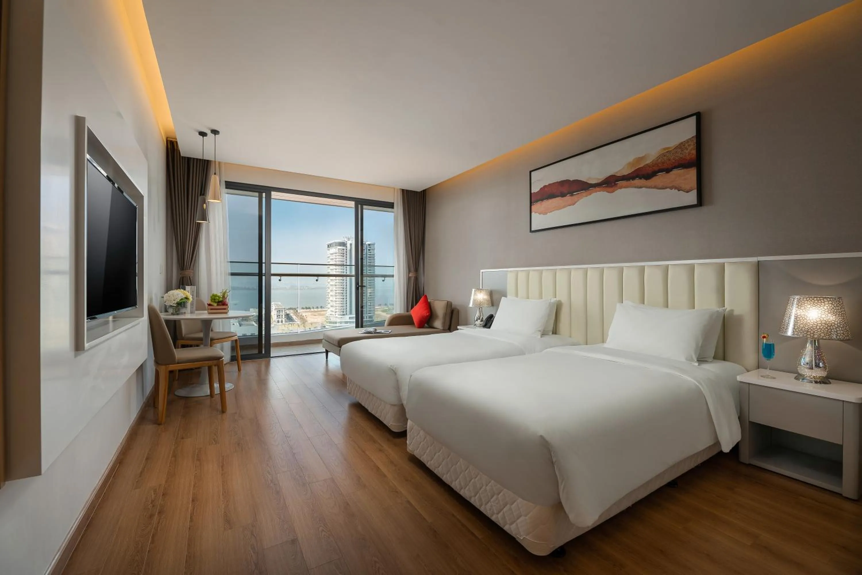 View (from property/room), Bed in DeLaSea Ha Long Hotel - Modern Bayview Escape