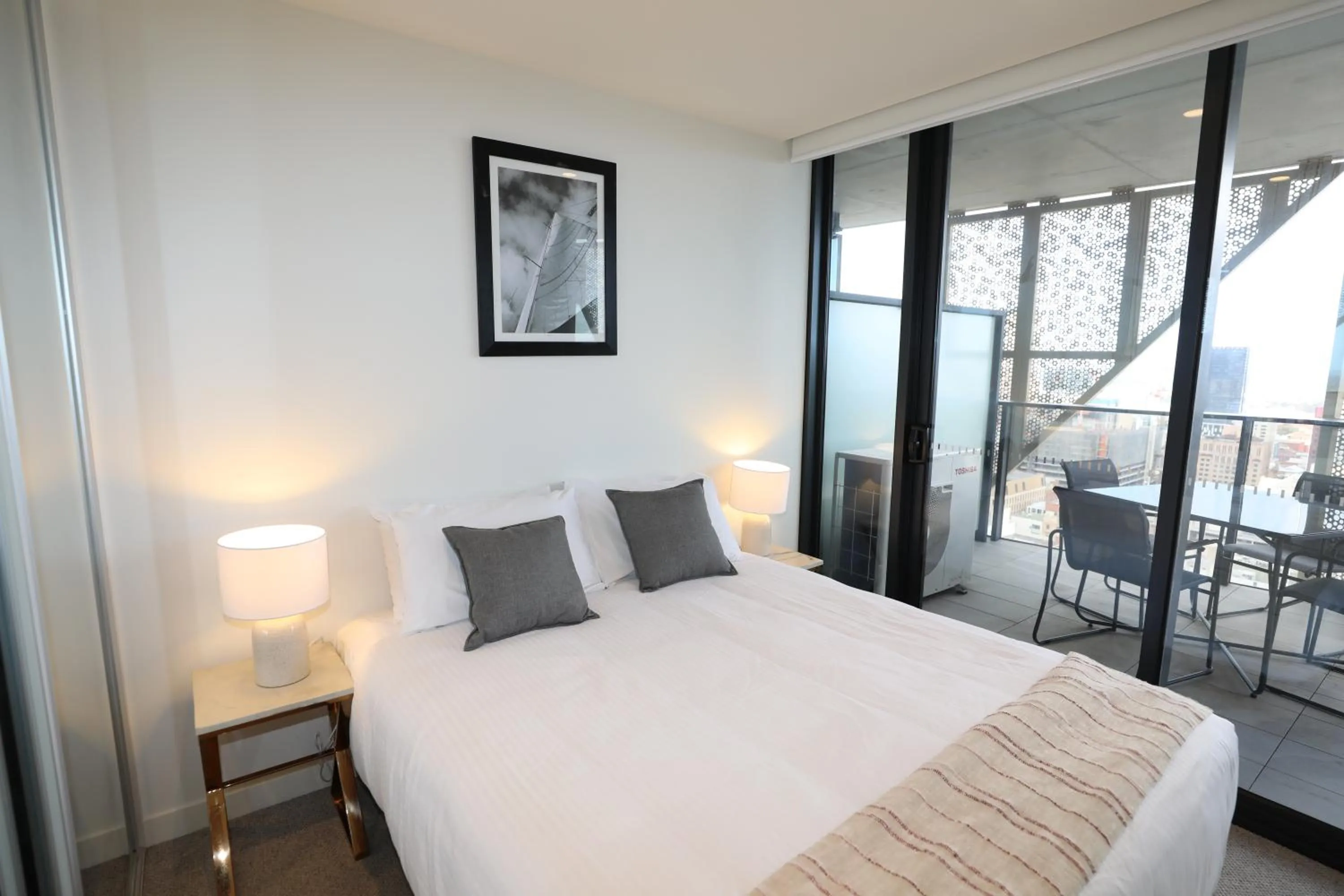 Bedroom, Bed in Realm Apartments by CLLIX