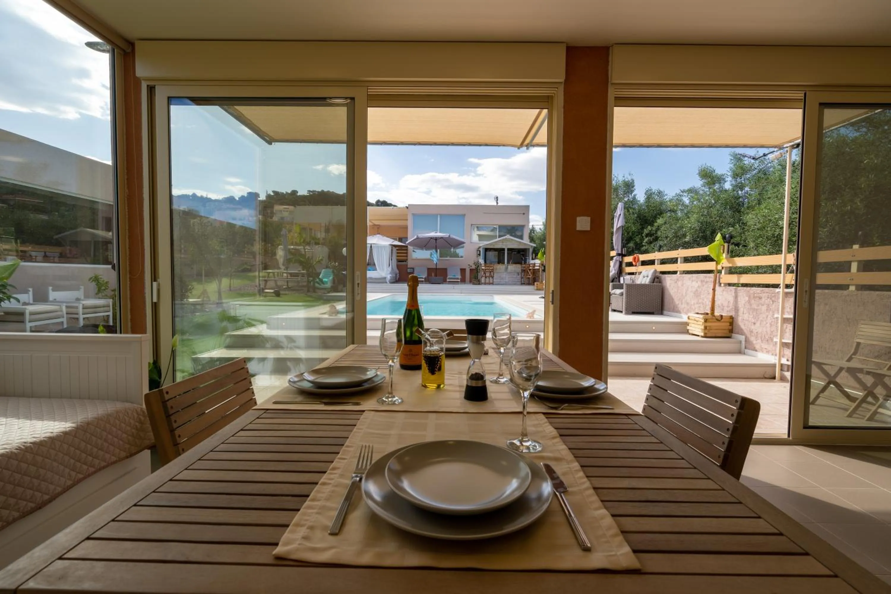 Patio in Modular Bungalows With Heated Pool Artemis Greece