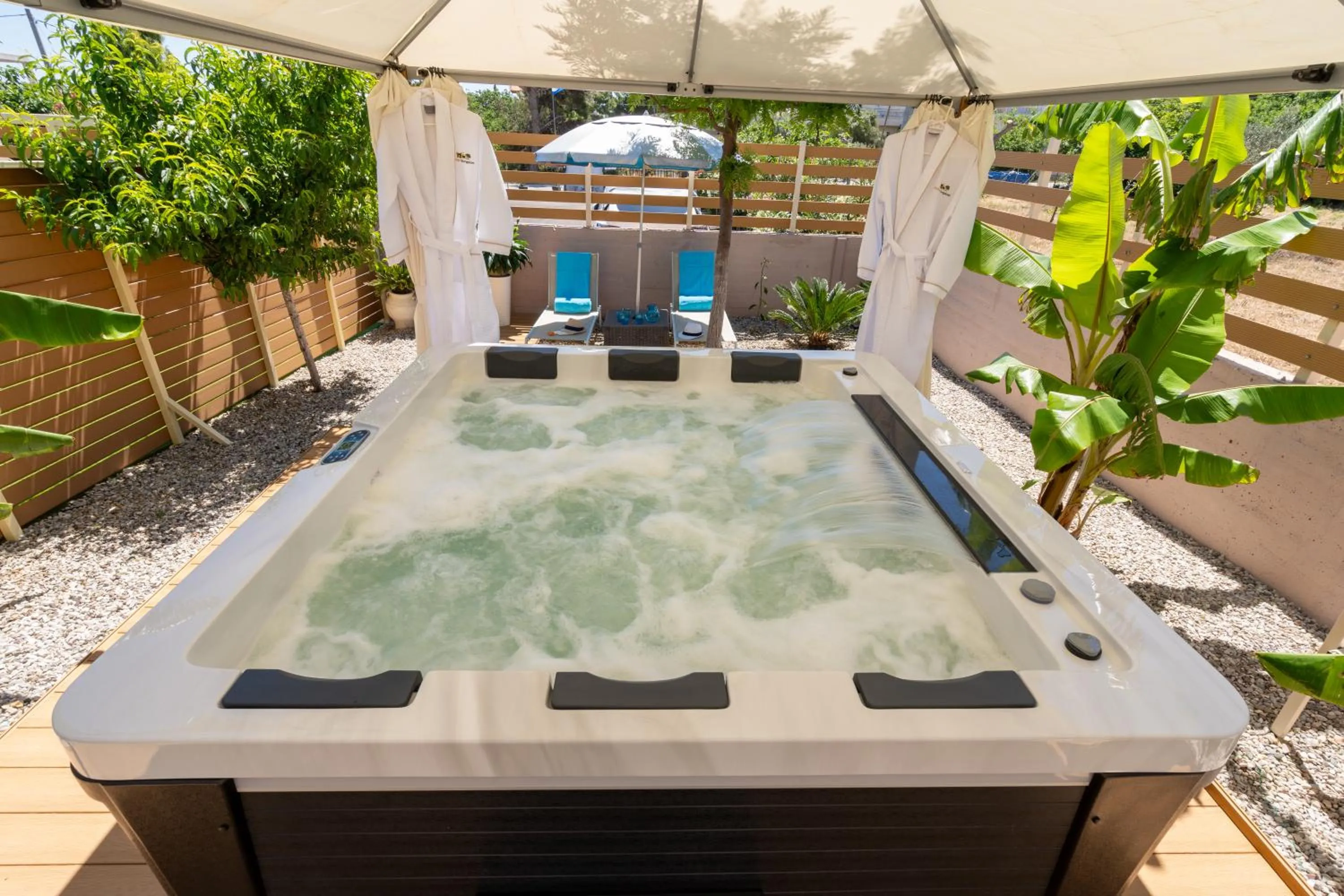 Hot Tub in Modular Bungalows With Heated Pool Artemis Greece