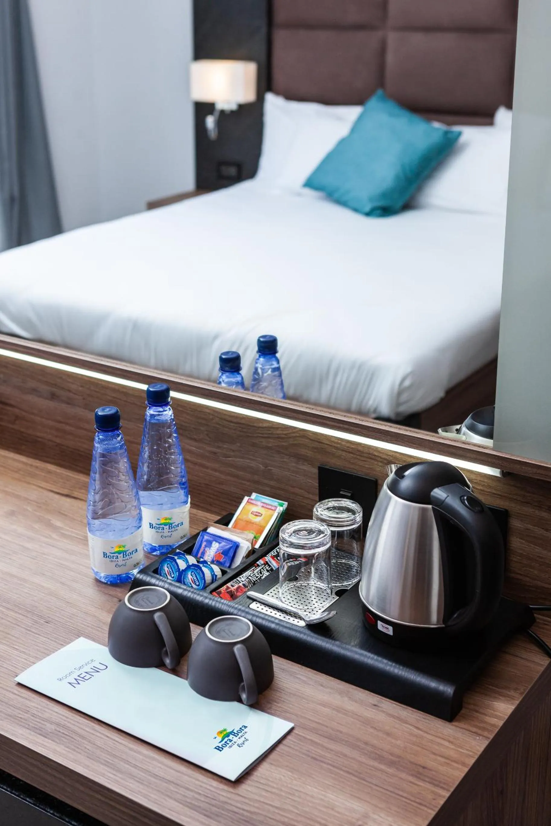 Coffee/tea facilities, Bed in Bora Bora Ibiza Malta Resort - Music Hotel - Adults Only 18 plus