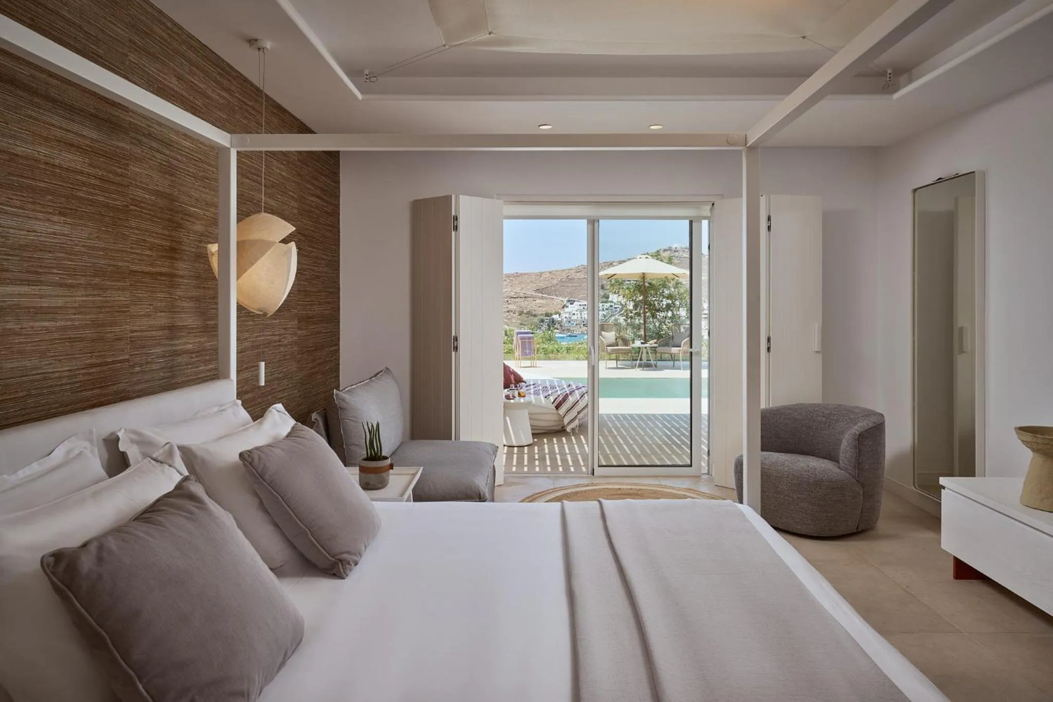 Pool view, Bed in Once in Mykonos - Designed for Adults