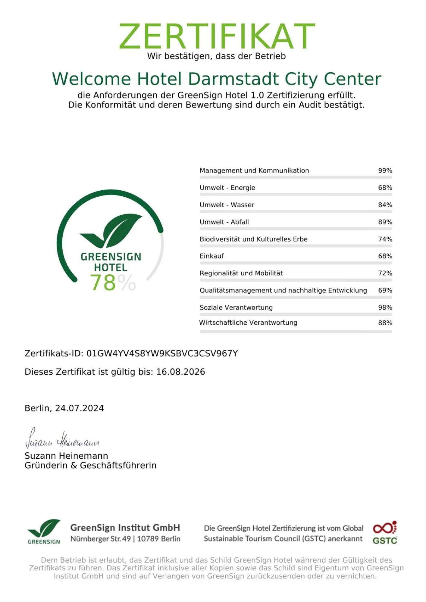 Logo/Certificate/Sign in Welcome Hotel Darmstadt City Center