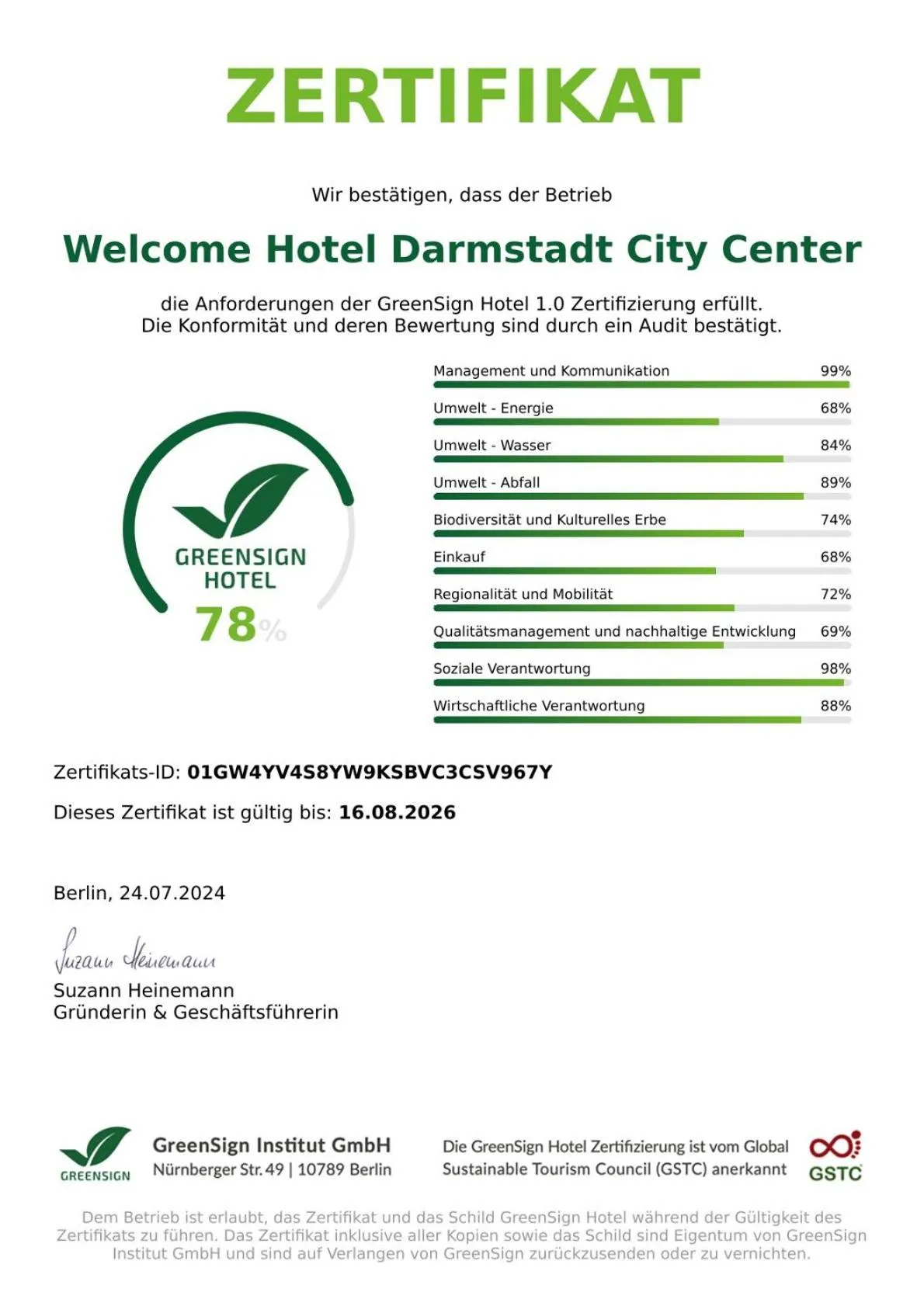 Certificate/Award in Welcome Hotel Darmstadt City Center