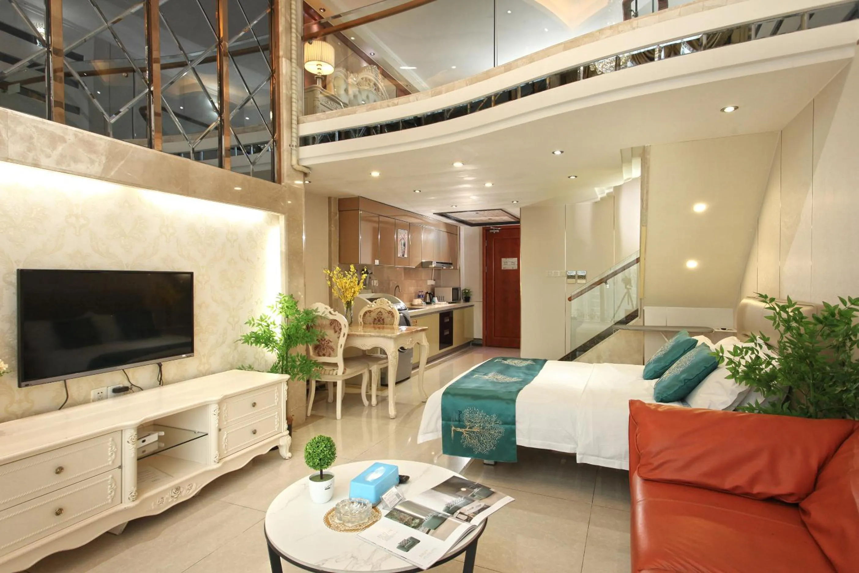 Living room, Bed in Barton International Residence Guangzhou - located in the city center adjacent to Beijing Road Pedestrian Street and Dafo Temple and close to the subway