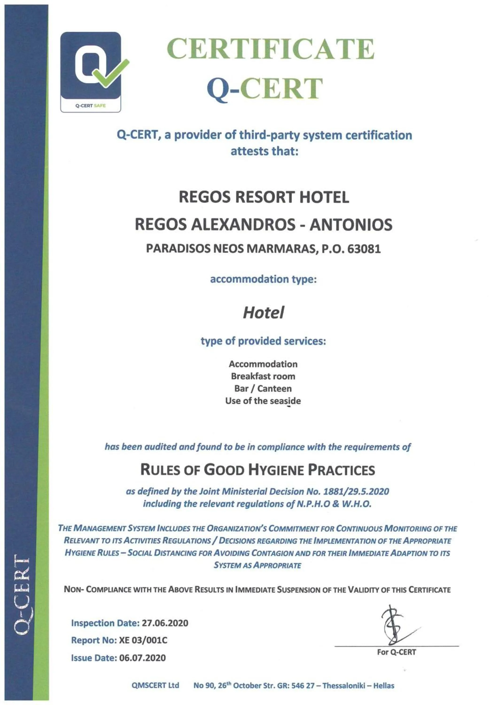 Certificate/Award in Regos Resort Hotel