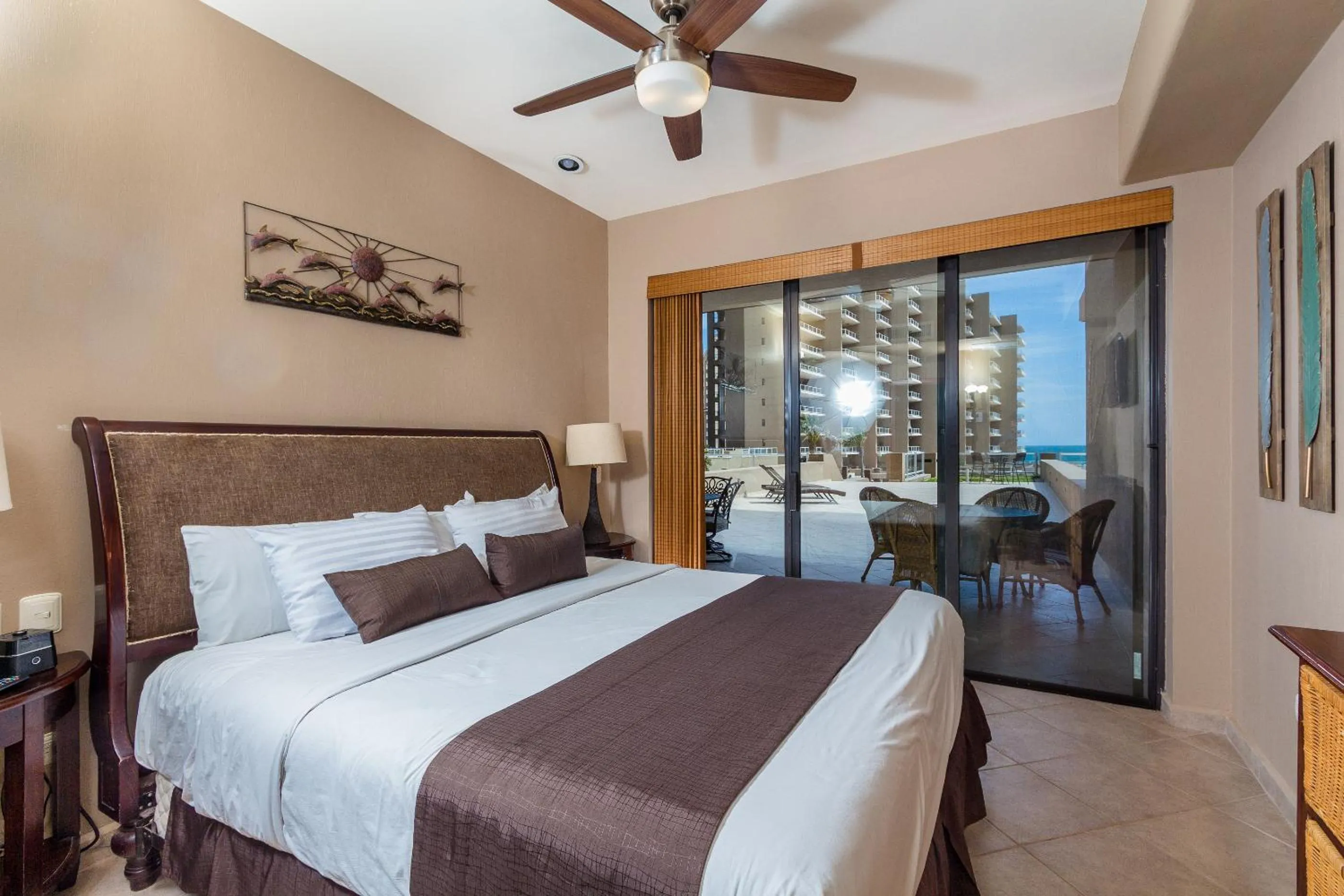 Bed in Las Palomas 2BR GROUND FLOOR Huge Patio/Closest to Lazy River/Steps to Beach