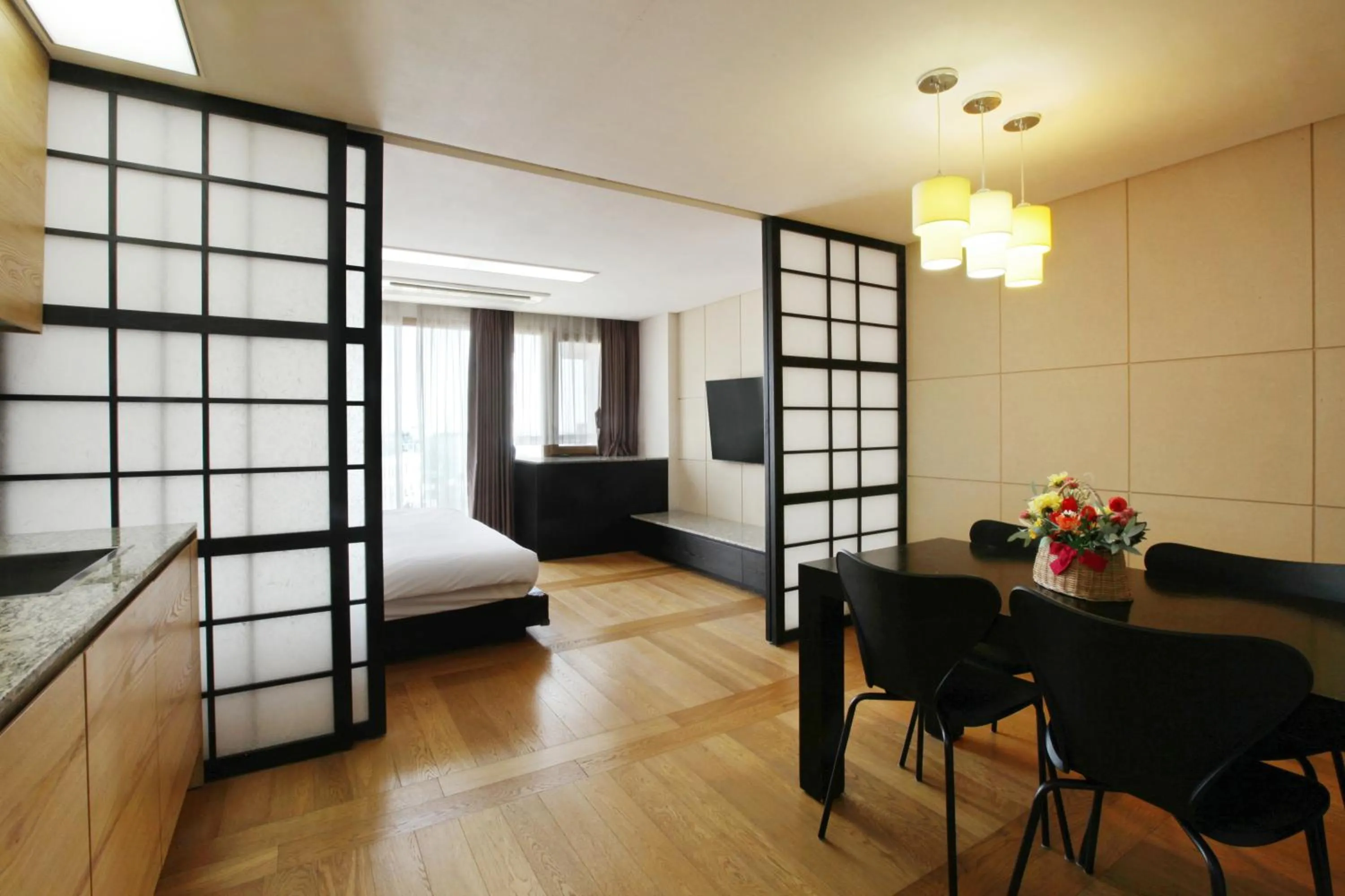 Decorative detail, Bed in Shin Shin Hotel Jeju Ocean