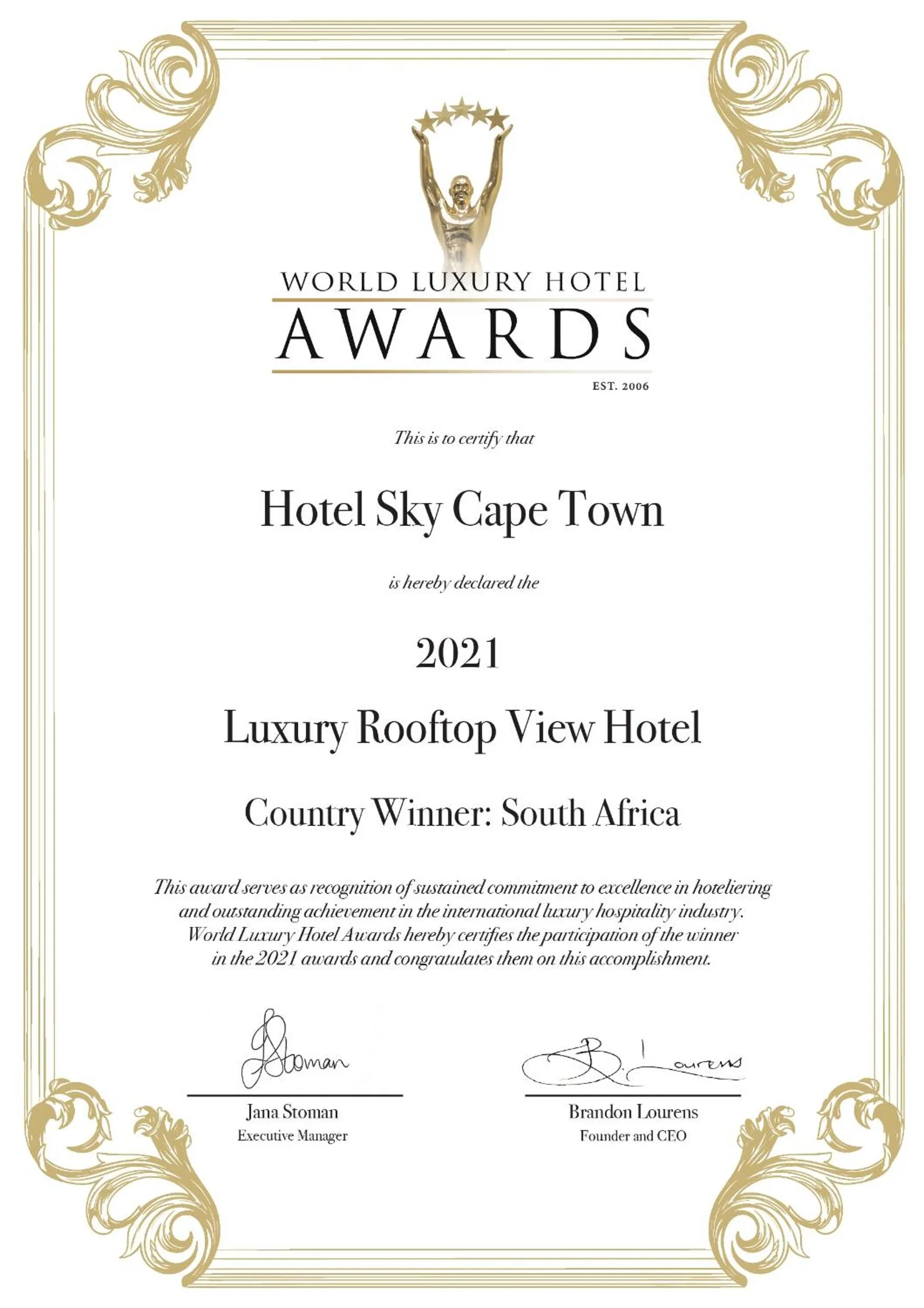 Certificate/Award in Hotel Sky Cape Town