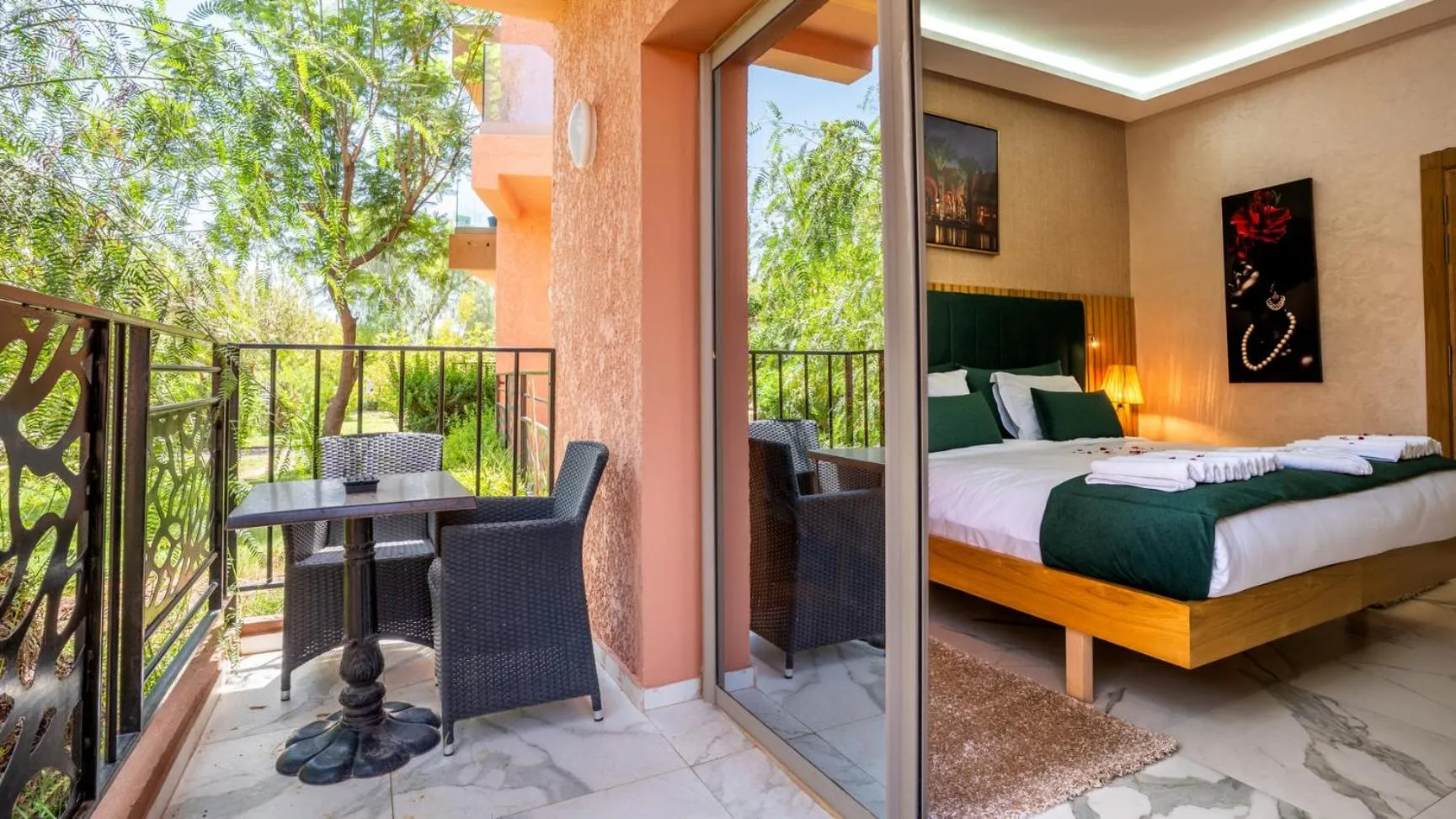 Balcony/Terrace, Bed in Ourika Camp Suites Hotel & Resort