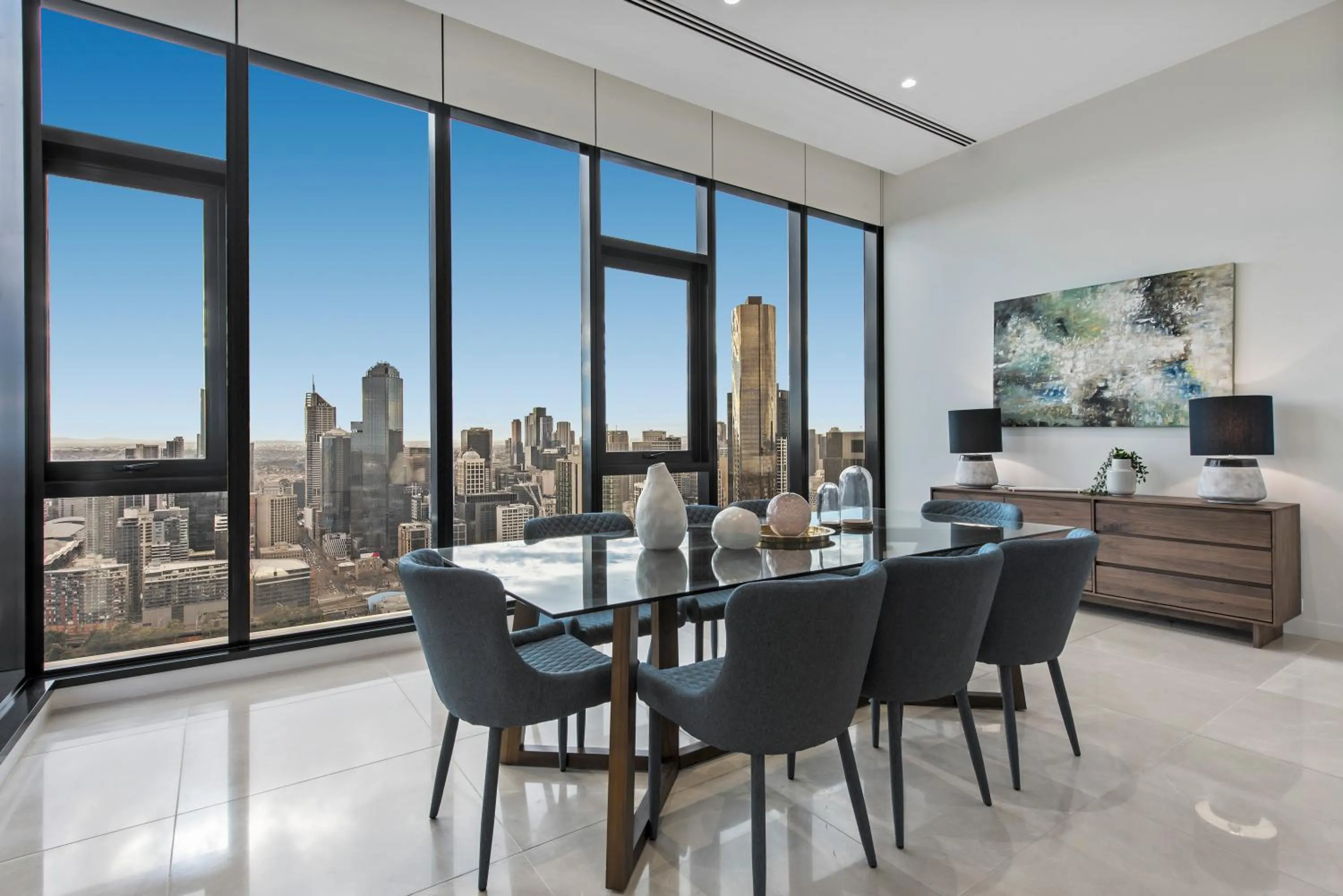 Dining area in Melbourne City Apartments Panoramic Skyview Penthouse