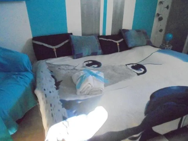 Bed in blue room, kitchenette