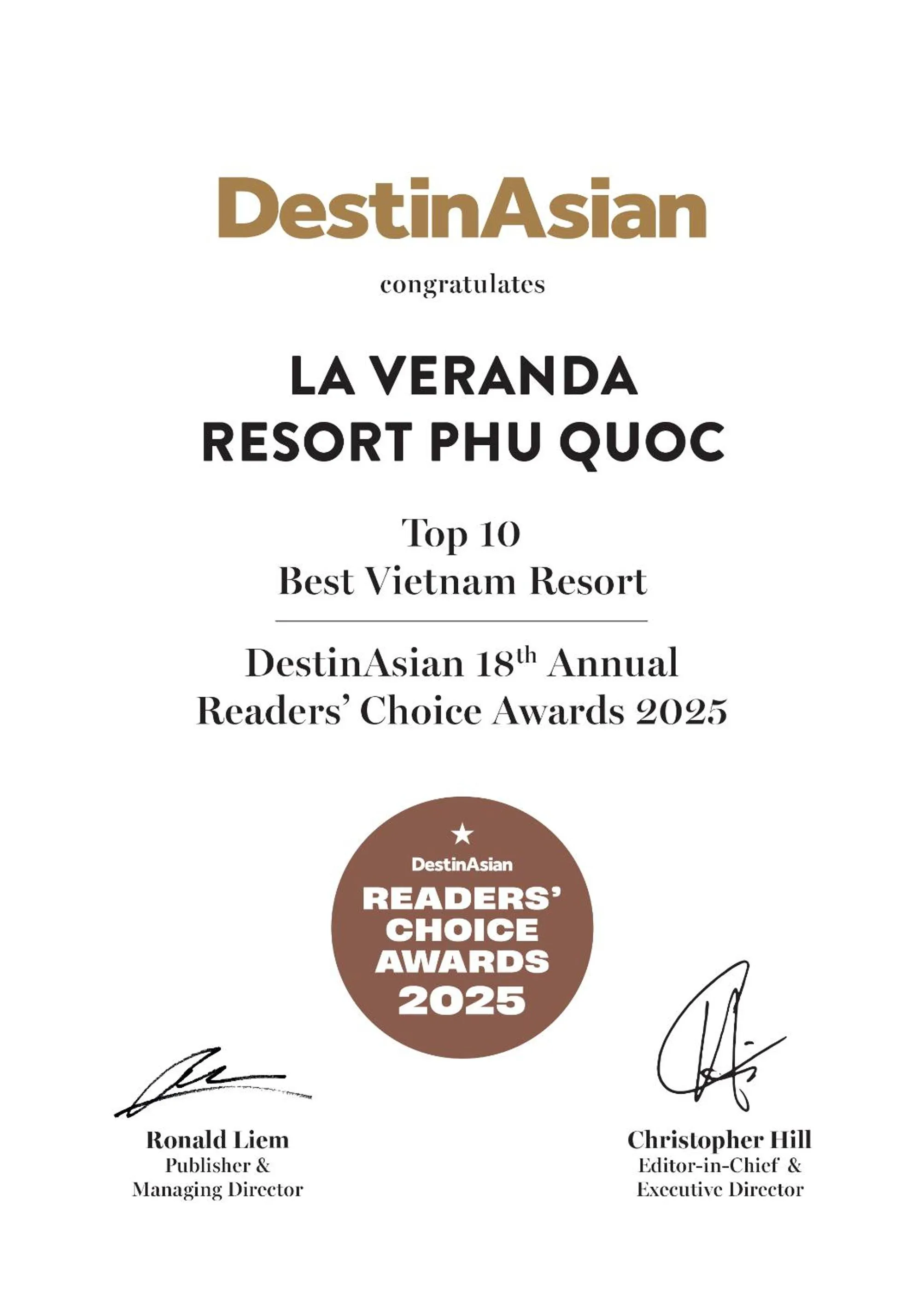 Certificate/Award in La Veranda Resort Phu Quoc - MGallery