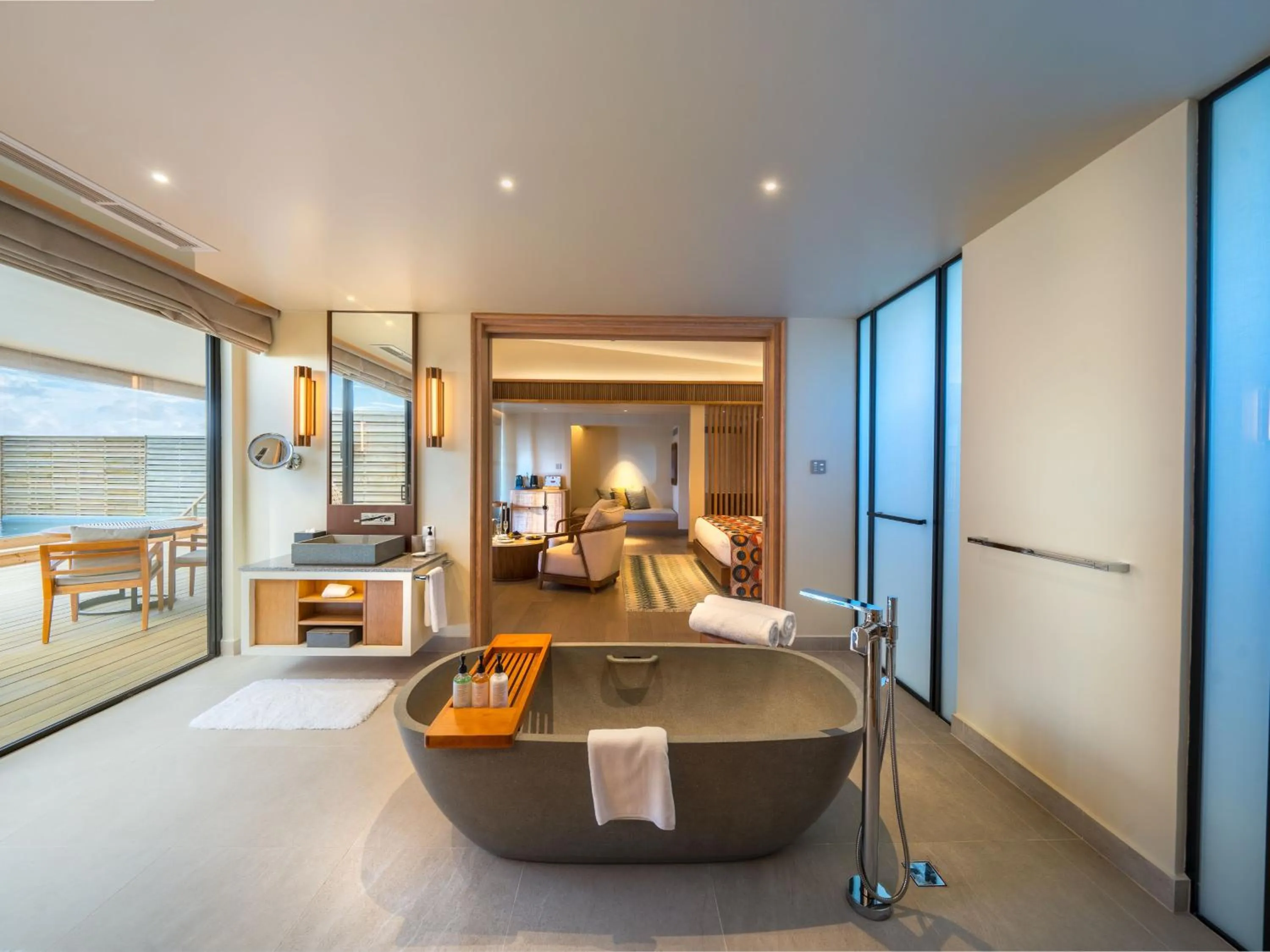 Bathroom, Bed in Kuda Villingili Maldives, Free Return Transfers 03 nights & above