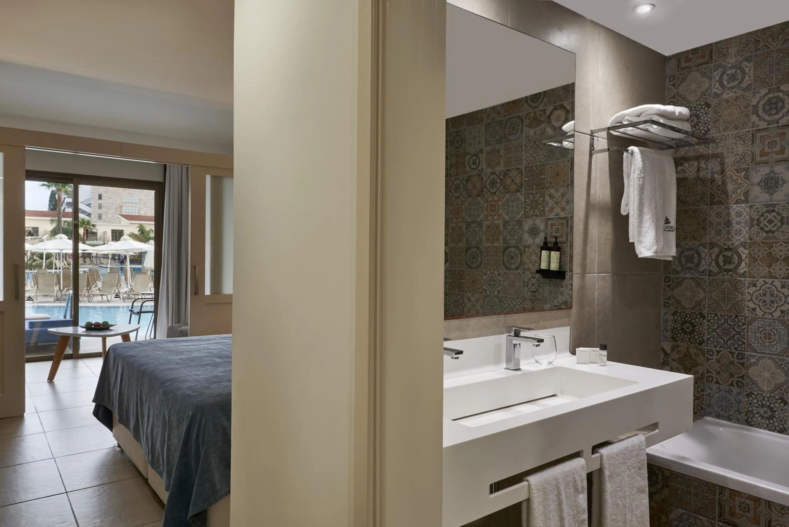 Bathroom, Bed in Atlantica Aeneas Resort